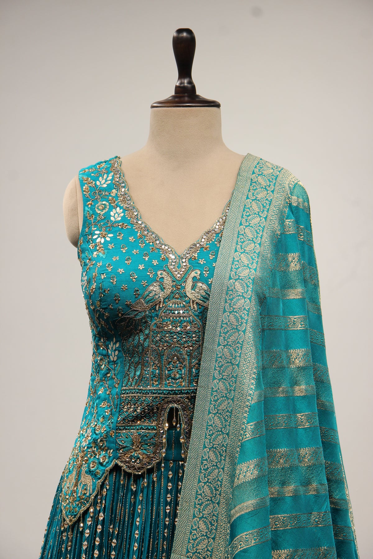Rama Green Crepe Lehenga with Mirror & Gota Patti Handwork Long Top