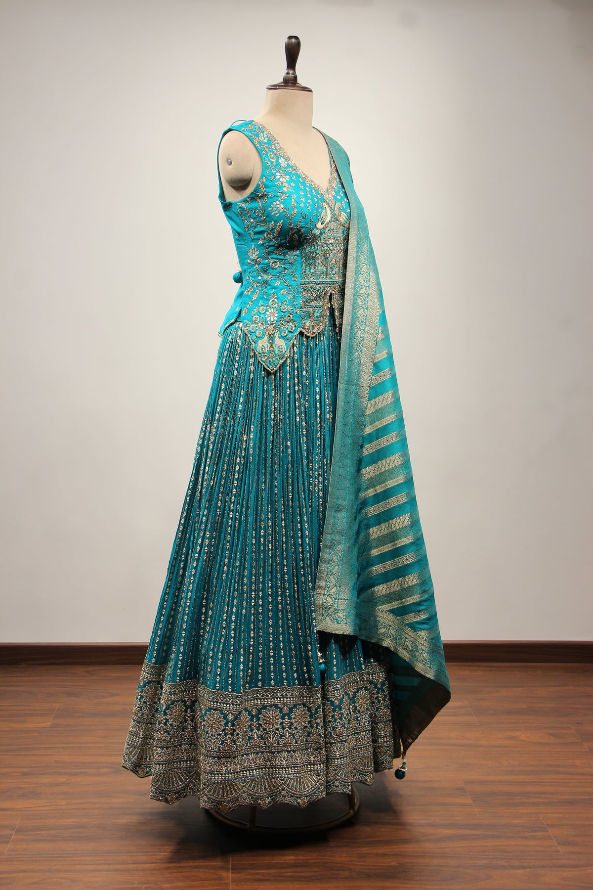 Rama Green Crepe Lehenga with Mirror & Gota Patti Handwork Long Top