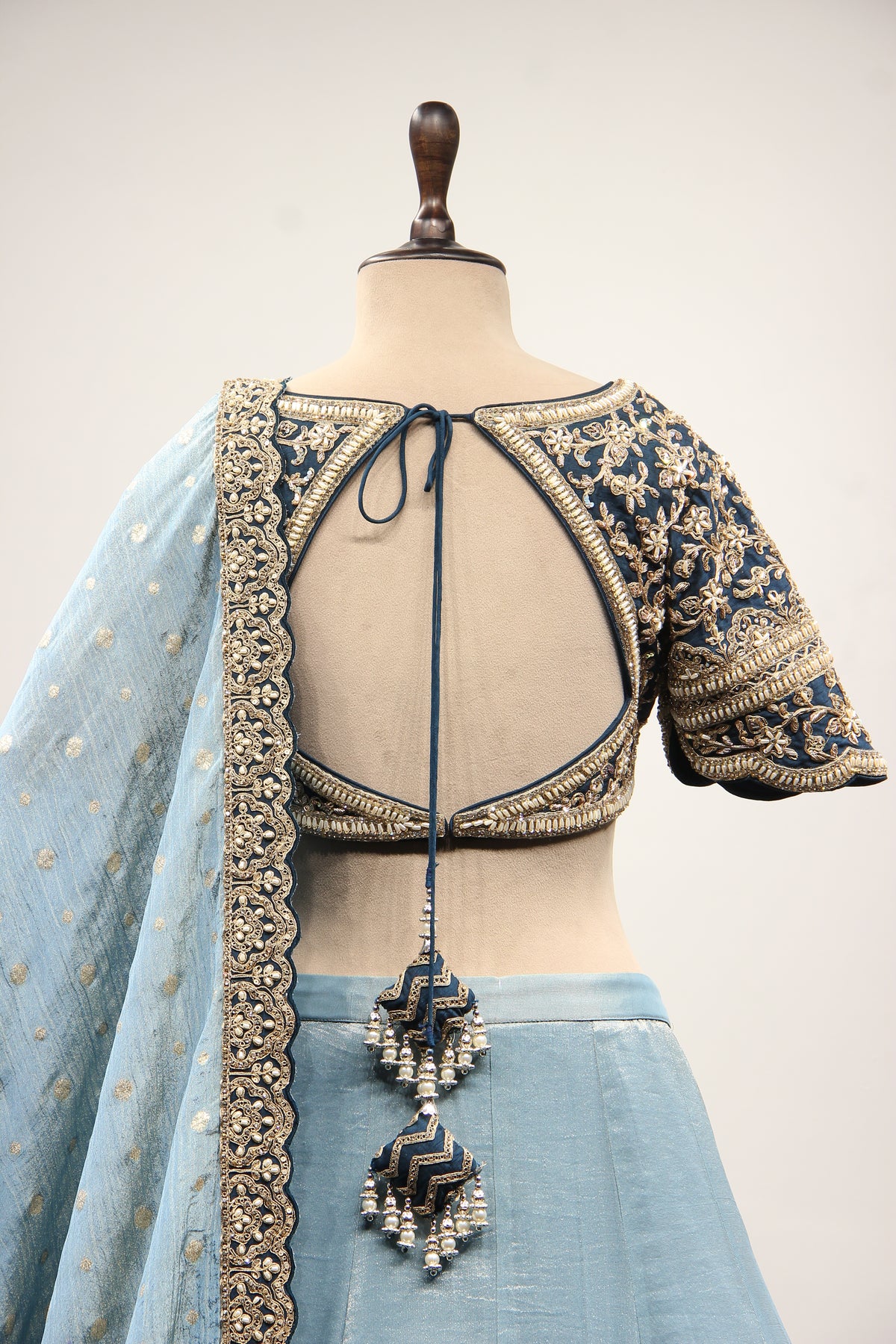 Blue Tissue Lehenga with Zari & Zardozi Handwork Sweetheart Crop Top – back close-up
