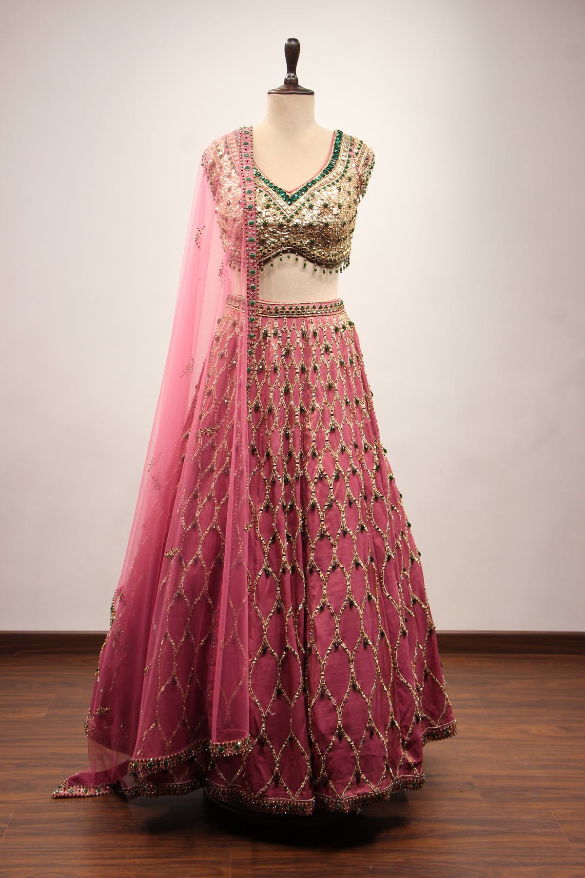 Onion Pink Shimmer Tissue Lehenga, Hand Embroidery & Sequin Handwork – front view