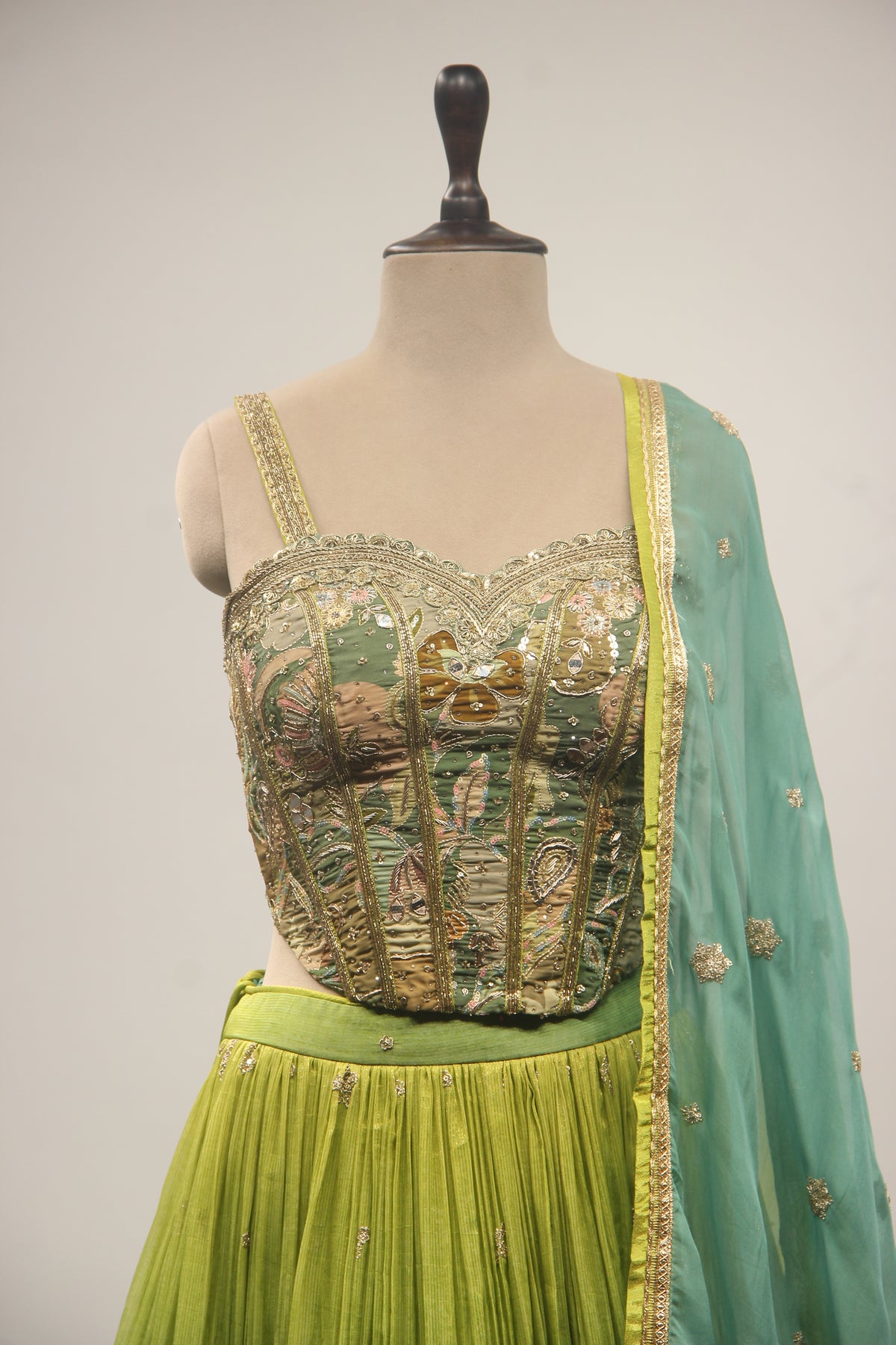 Green Tissue Lehenga with Corset Blouse, Printed & Cut Dana Handwork