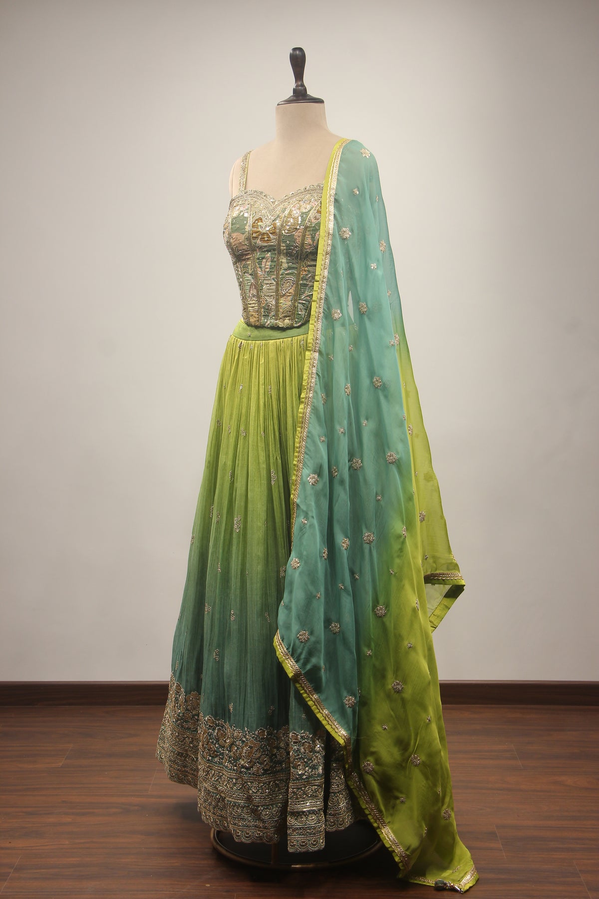 Green Tissue Lehenga with Corset Blouse, Printed & Cut Dana Handwork