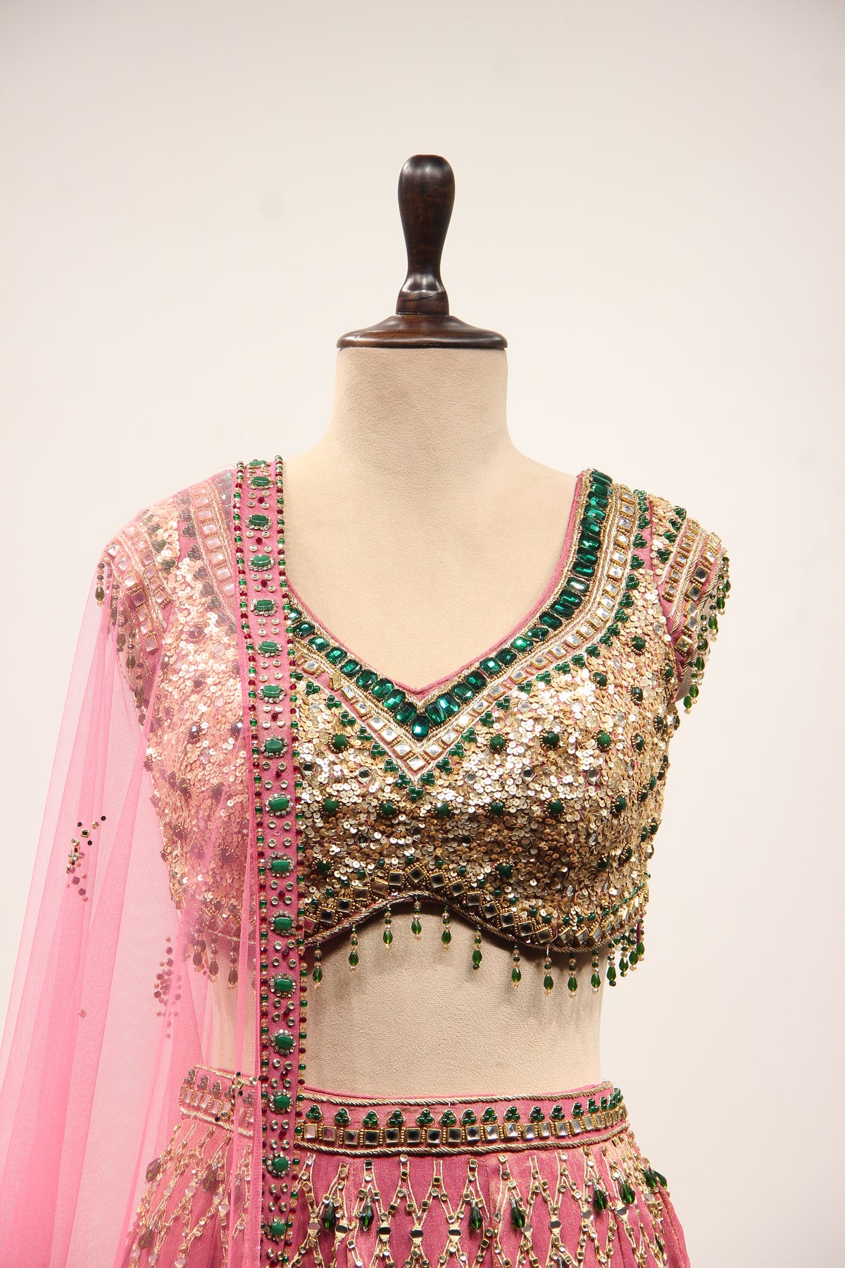 Onion Pink Shimmer Tissue Lehenga, Hand Embroidery & Sequin Handwork – front close-up