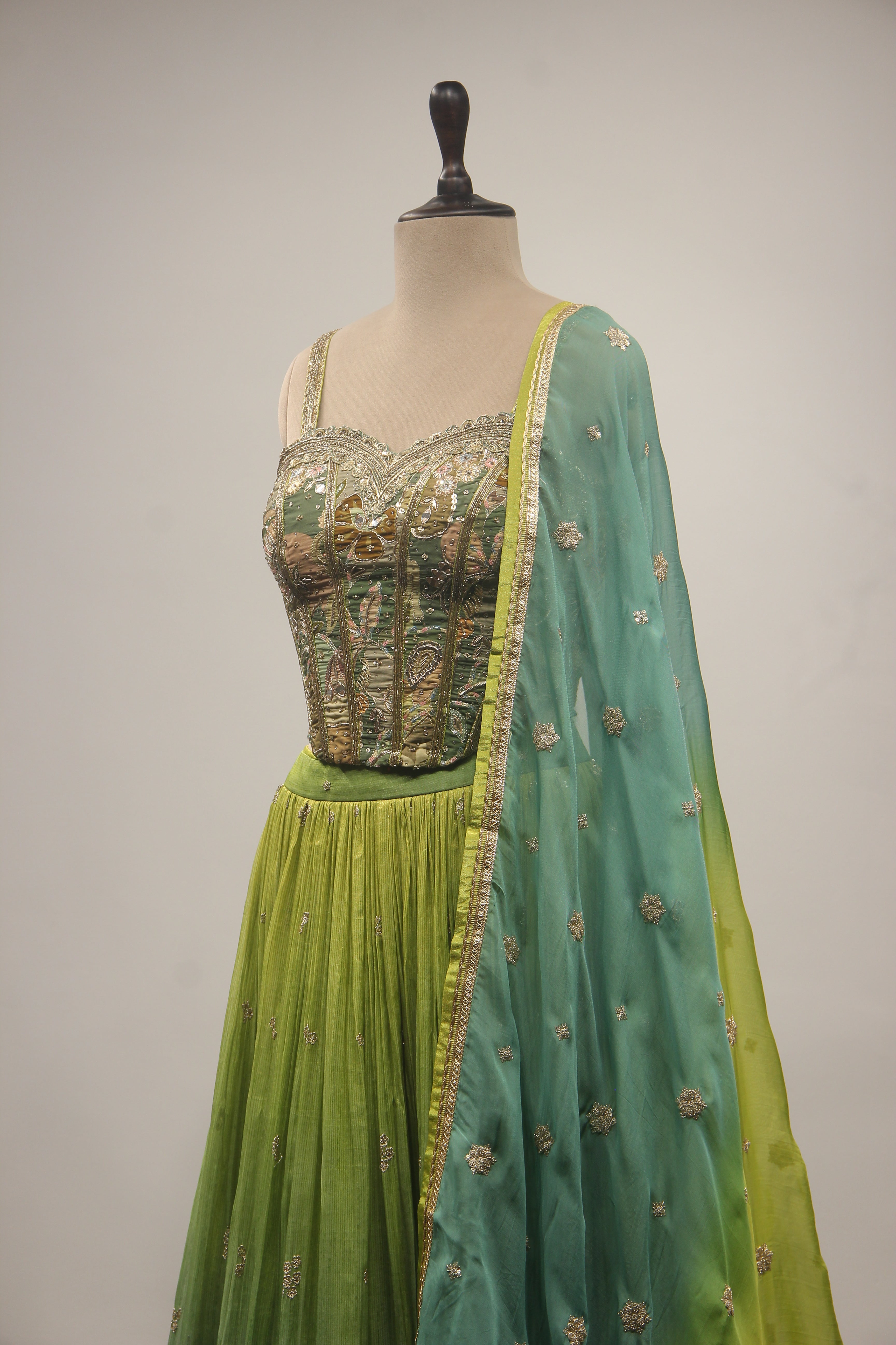 Green Tissue Lehenga with Corset Blouse, Printed & Cut Dana Handwork