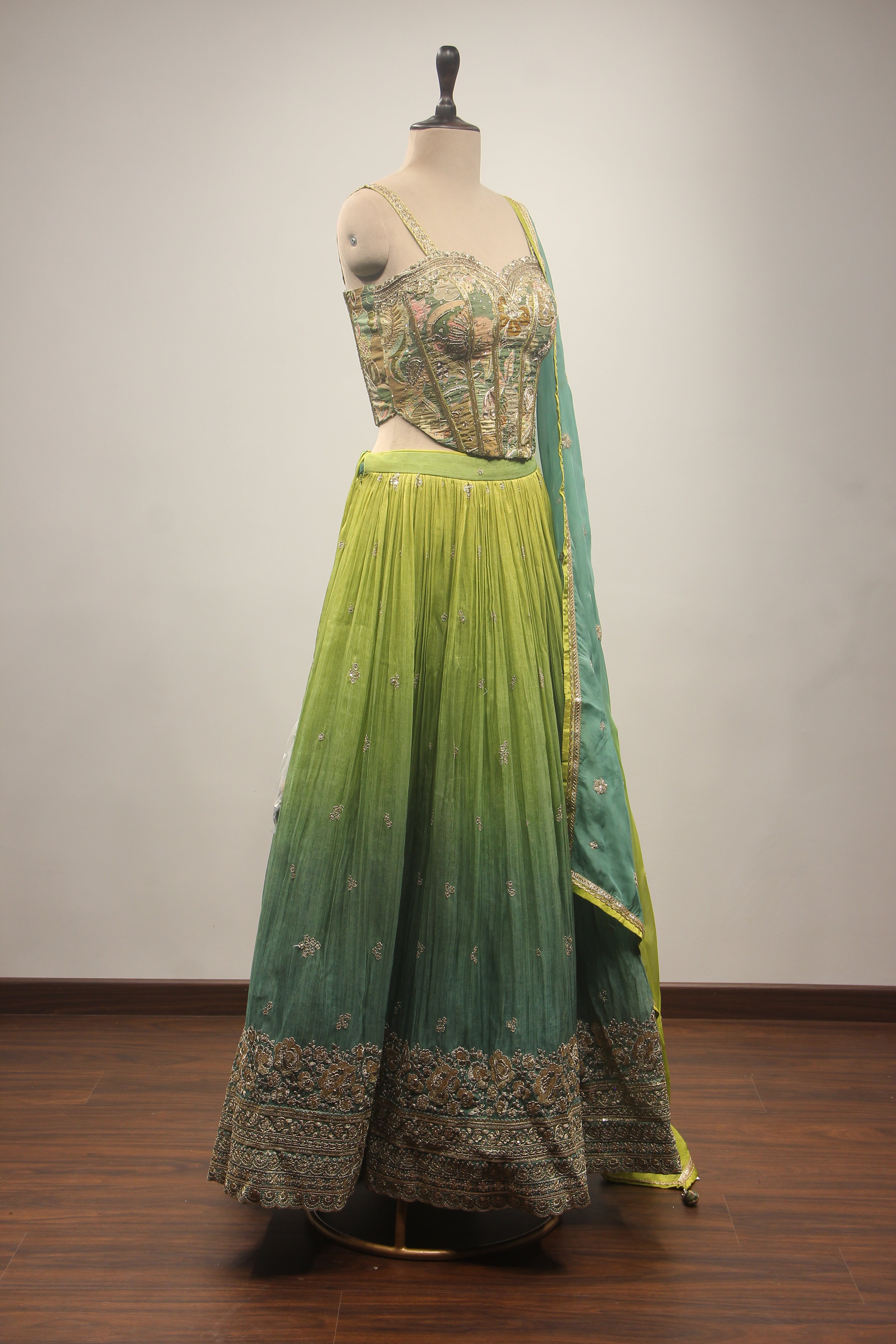 Green Tissue Lehenga with Corset Blouse, Printed & Cut Dana Handwork