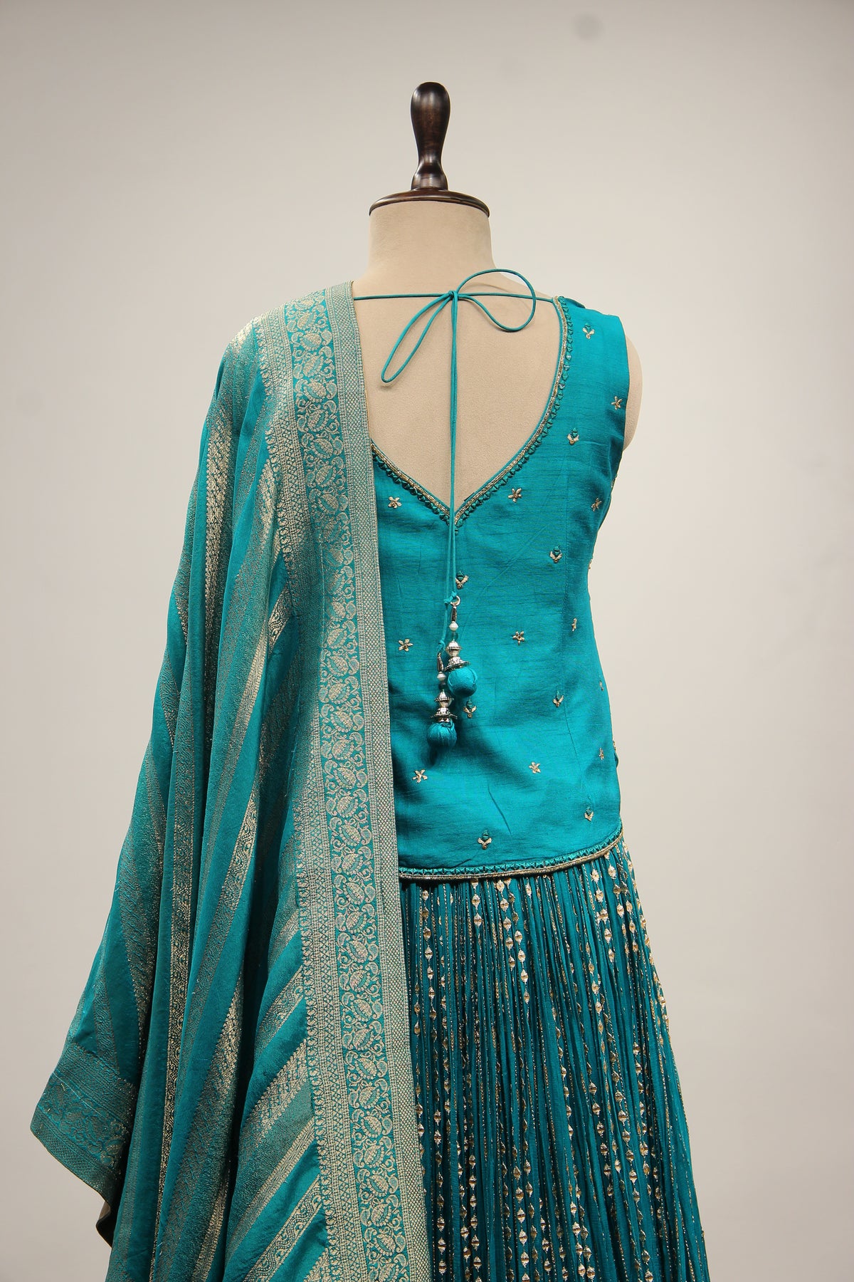 Rama Green Crepe Lehenga with Mirror & Gota Patti Handwork Long Top