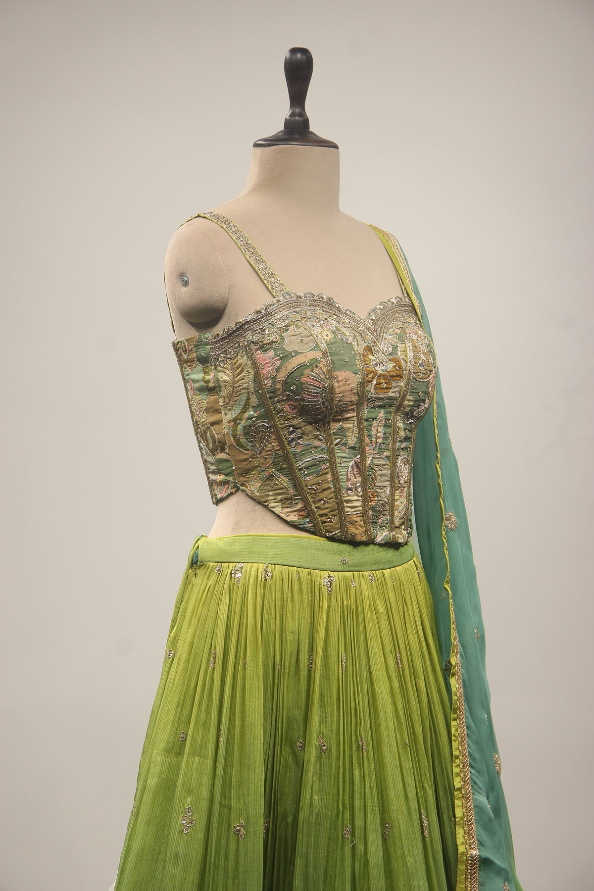 Green Tissue Lehenga with Corset Blouse, Printed & Cut Dana Handwork