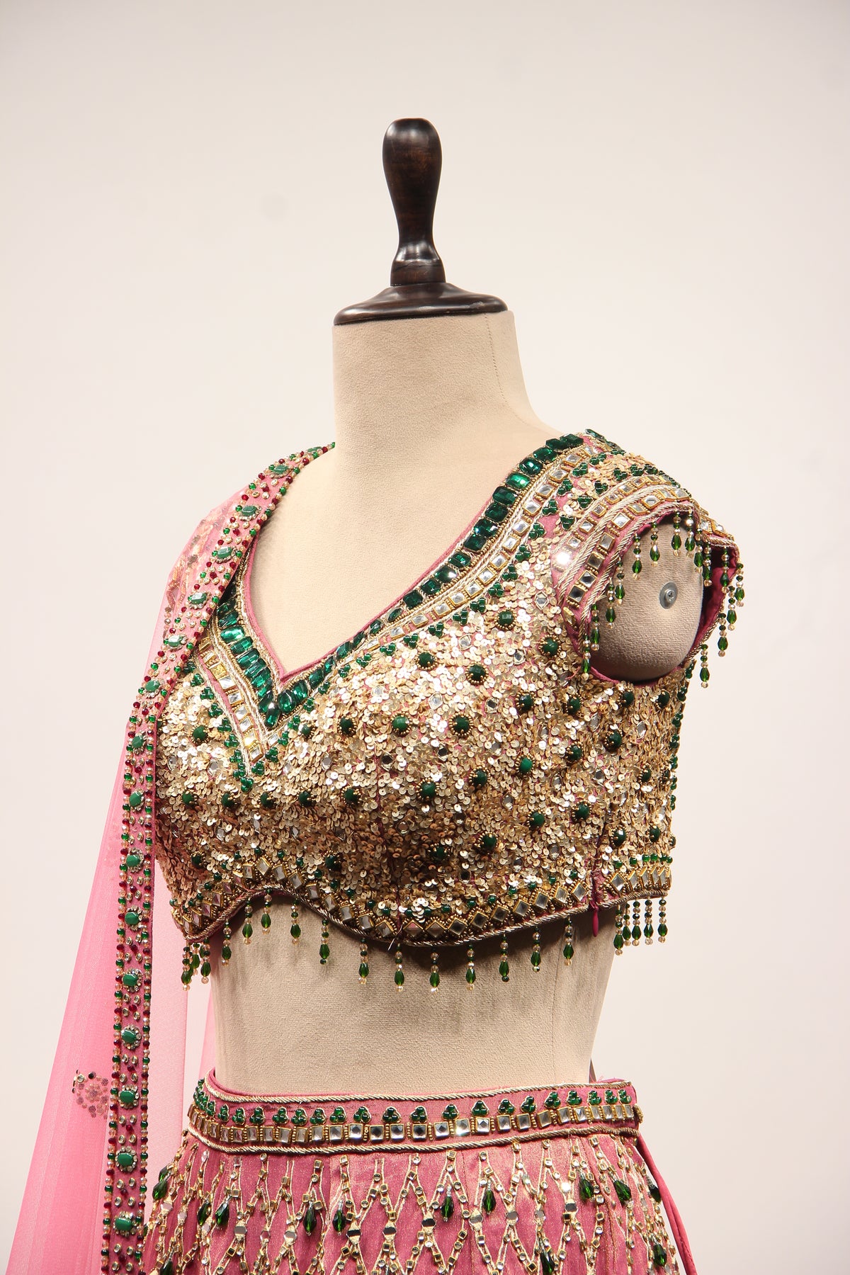 Onion Pink Shimmer Tissue Lehenga, Hand Embroidery & Sequin Handwork – side close-up