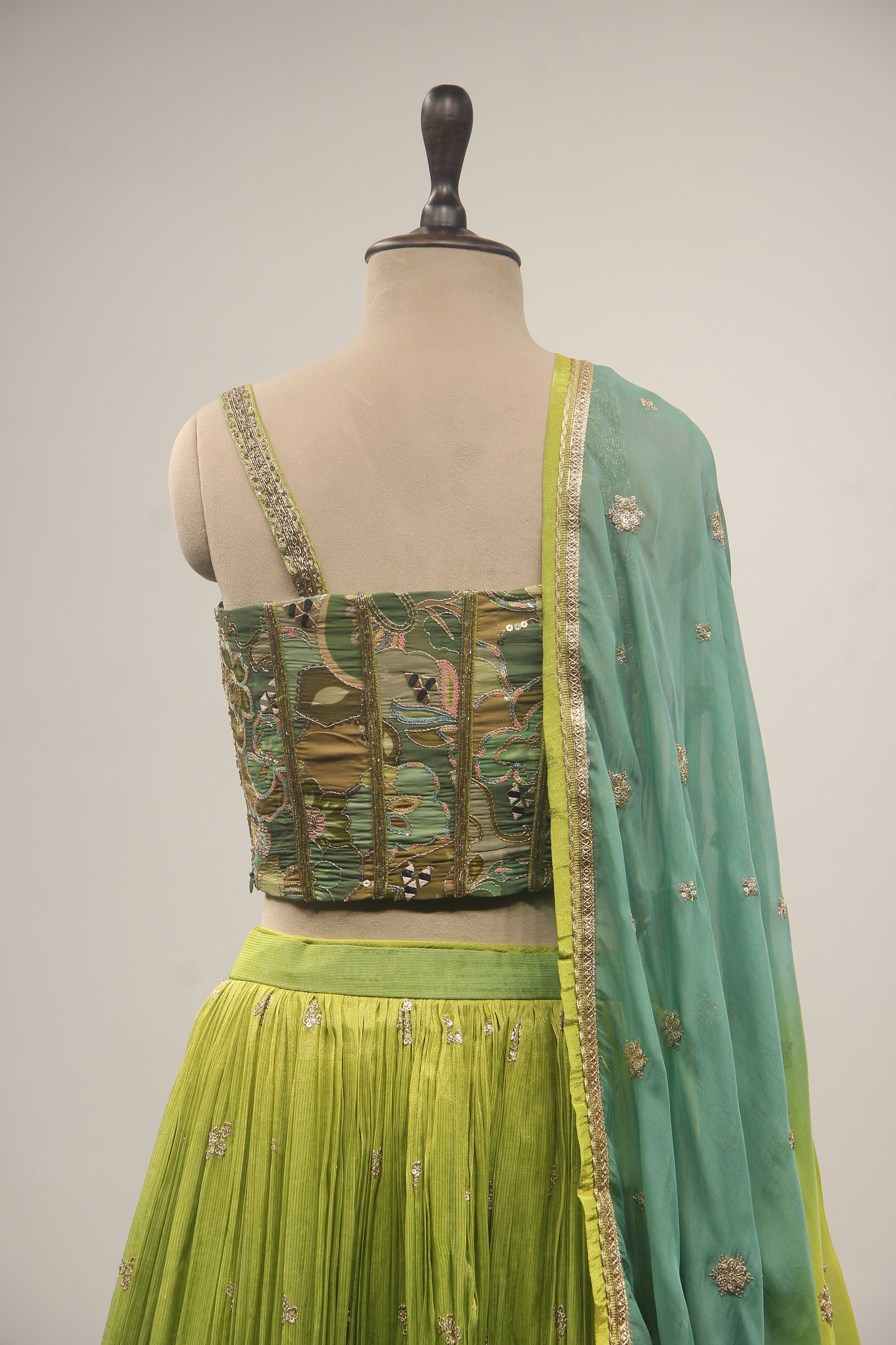 Green Tissue Lehenga with Corset Blouse, Printed & Cut Dana Handwork