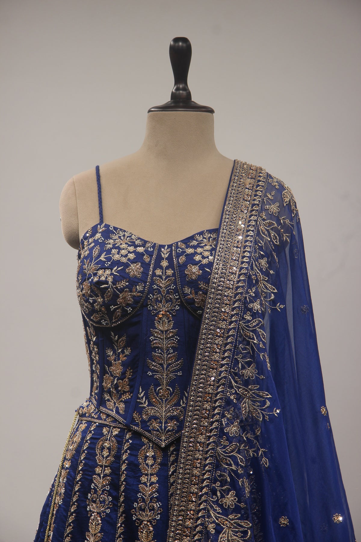 Royal Blue Dupion Lehenga with Corset Blouse, Zari & Cut Dana Handwork