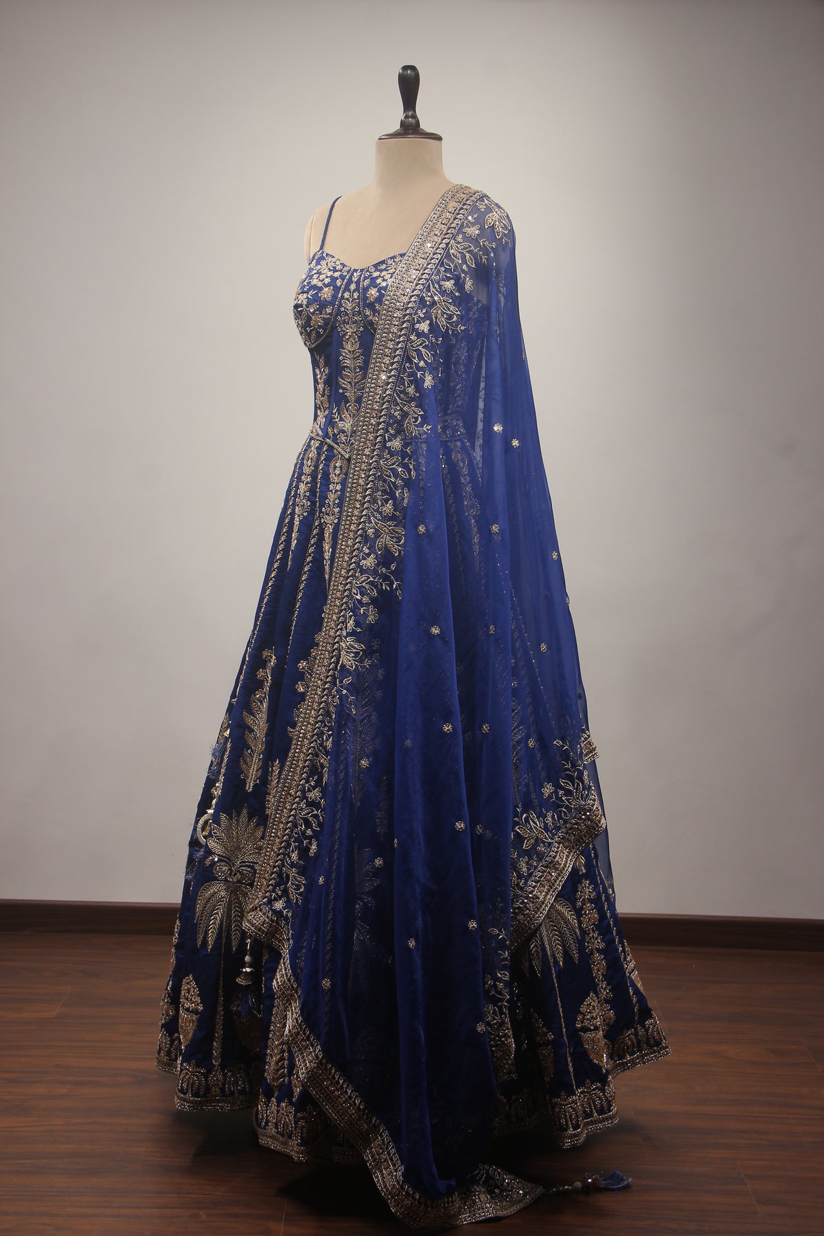 Royal Blue Dupion Lehenga with Corset Blouse, Zari & Cut Dana Handwork