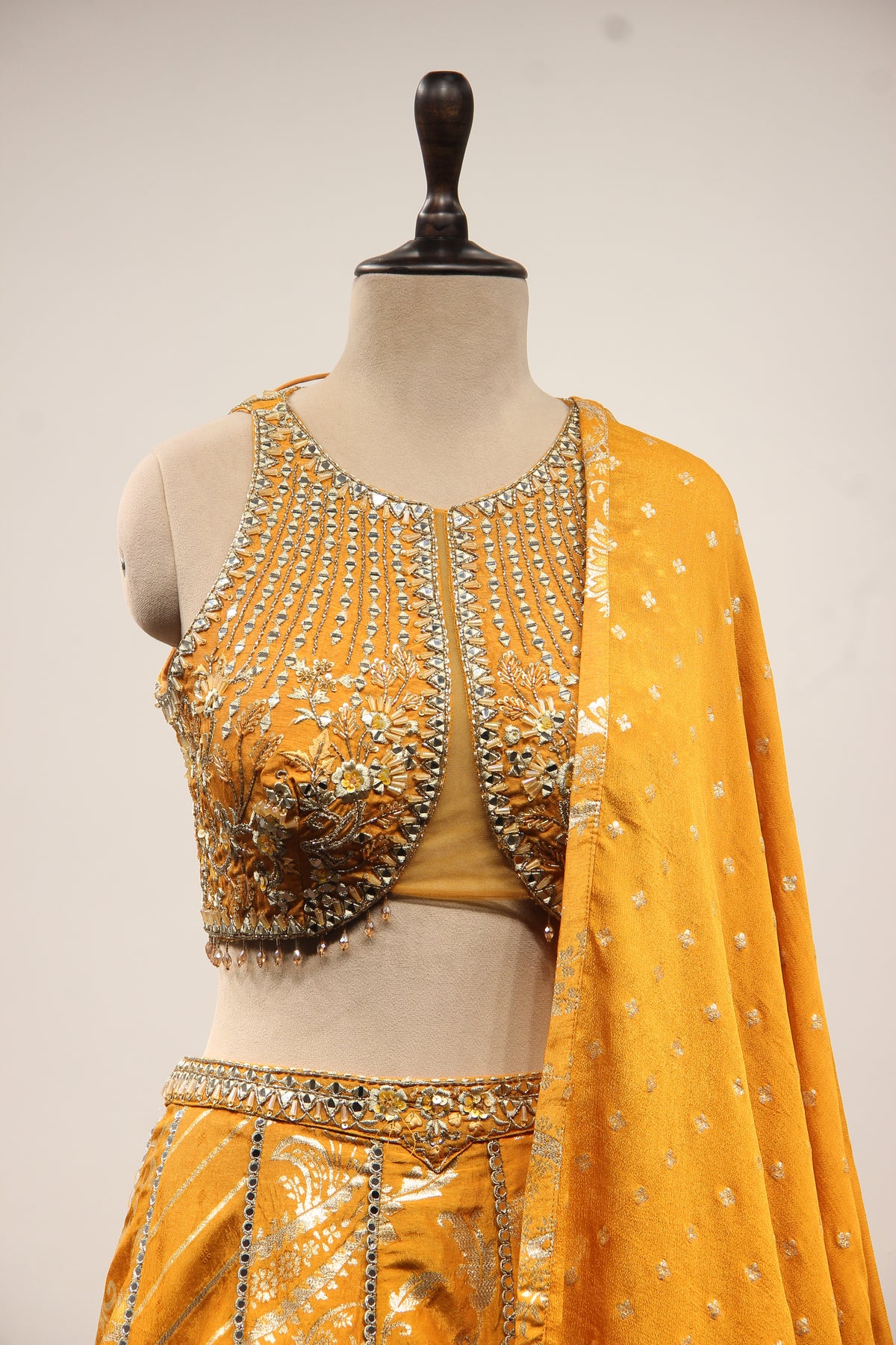 Mustard Banarasi Brocade Lehenga with Mirror & Zari Handwork