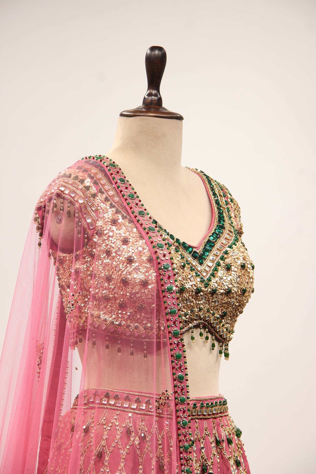 Onion Pink Shimmer Tissue Lehenga, Hand Embroidery & Sequin Handwork – other side close-up