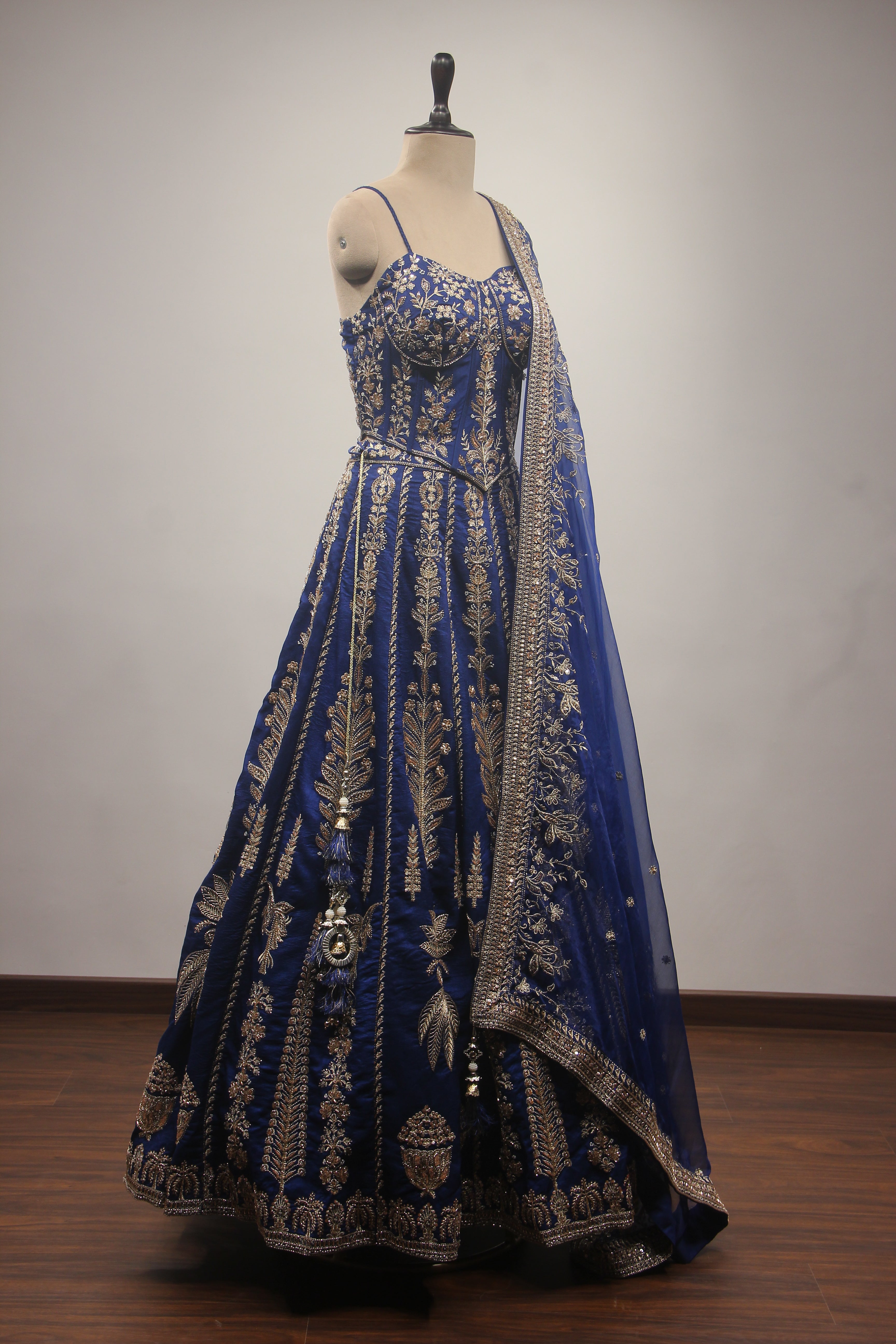 Royal Blue Dupion Lehenga with Corset Blouse, Zari & Cut Dana Handwork