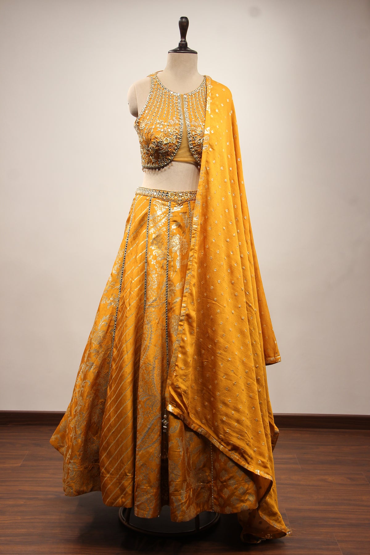 Mustard Banarasi Brocade Lehenga with Mirror & Zari Handwork