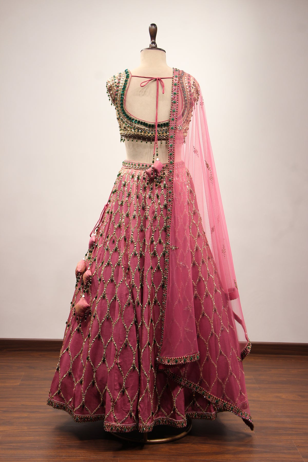 Onion Pink Shimmer Tissue Lehenga, Hand Embroidery & Sequin Handwork – back view