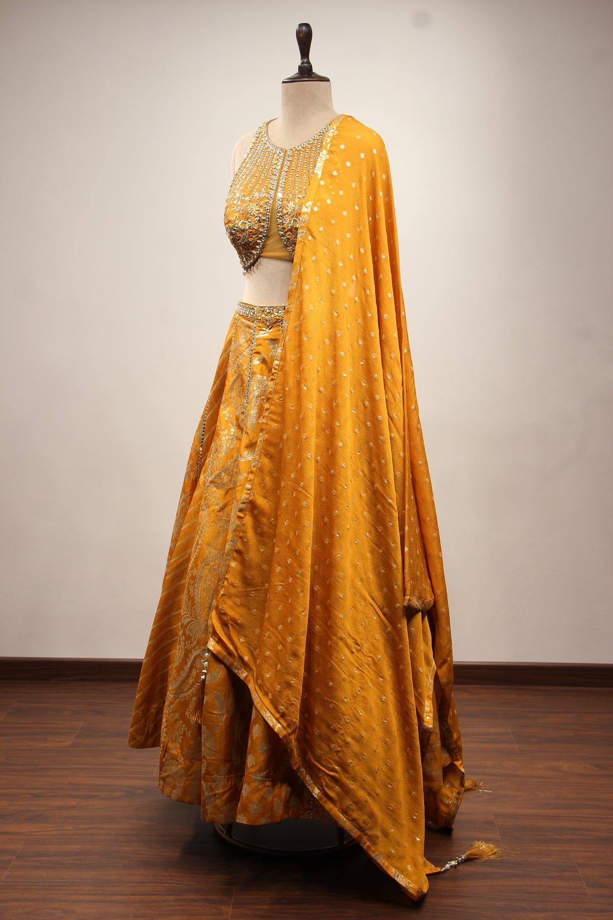 Mustard Banarasi Brocade Lehenga with Mirror & Zari Handwork