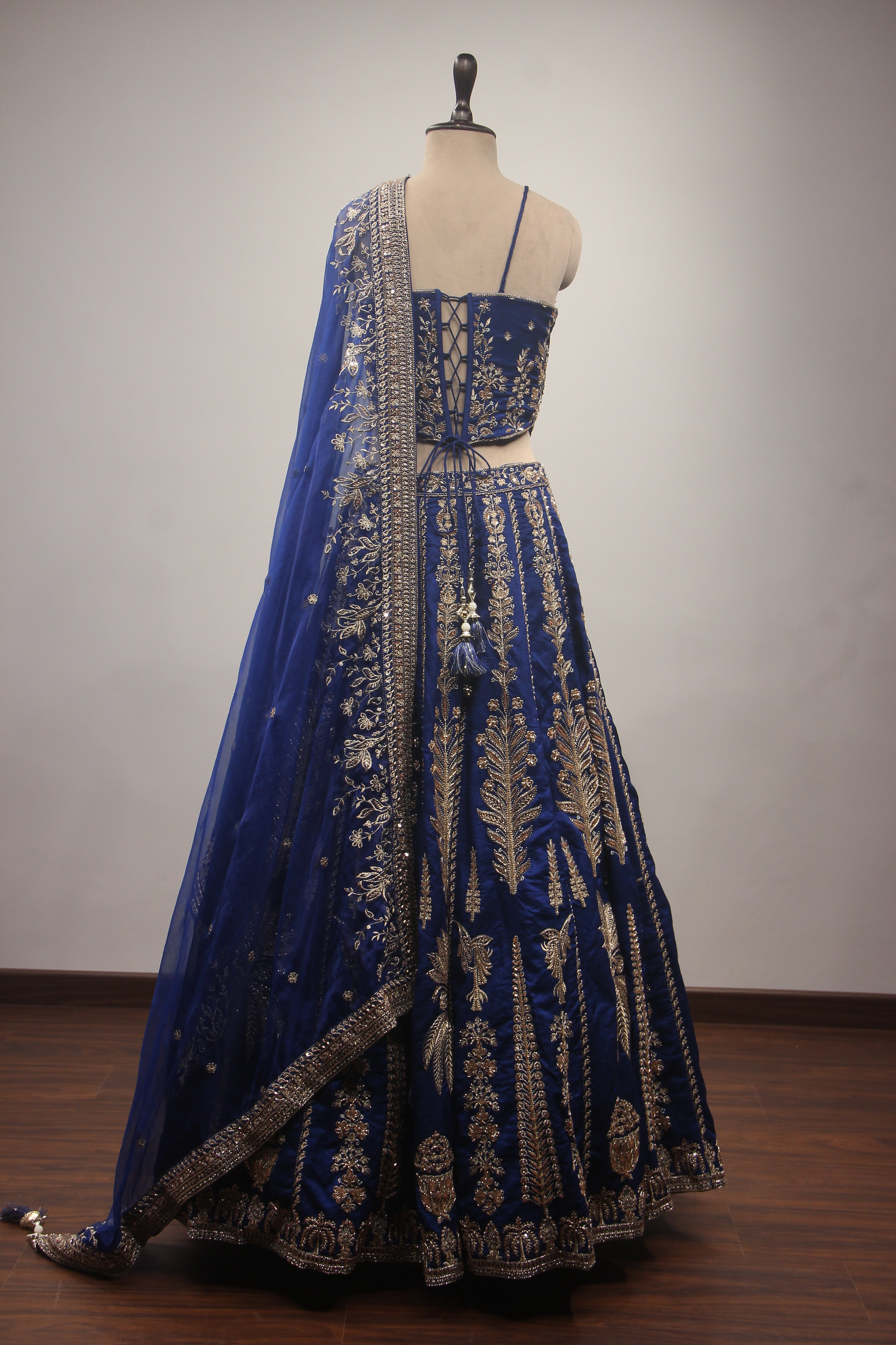 Royal Blue Dupion Lehenga with Corset Blouse, Zari & Cut Dana Handwork