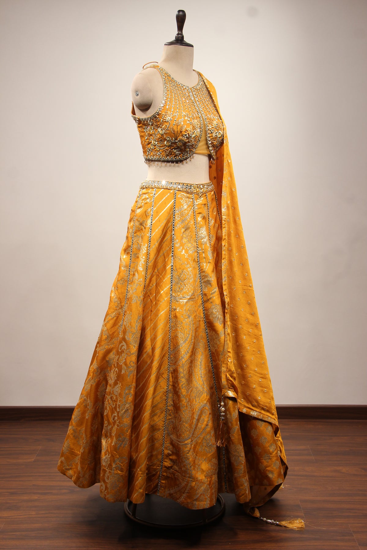 Mustard Banarasi Brocade Lehenga with Mirror & Zari Handwork