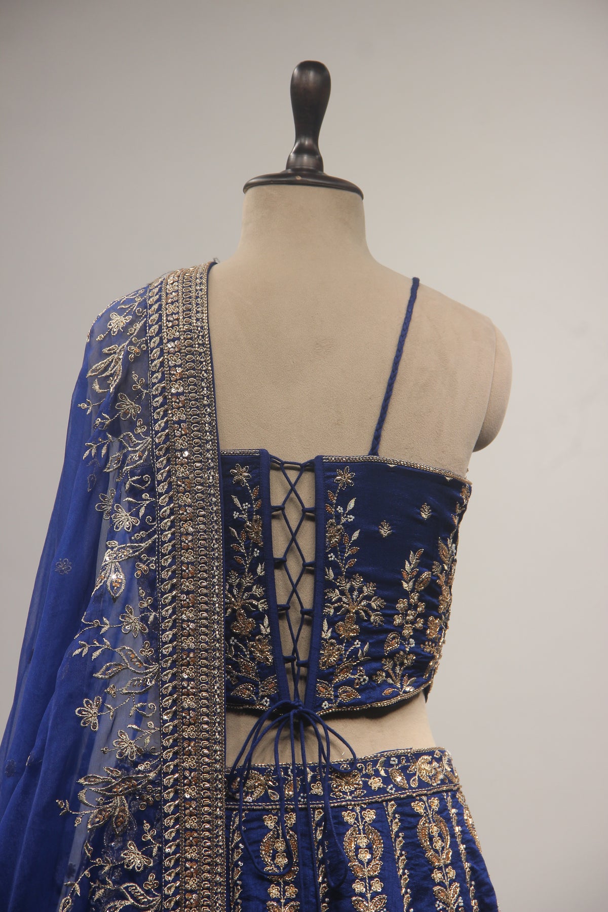 Royal Blue Dupion Lehenga with Corset Blouse, Zari & Cut Dana Handwork