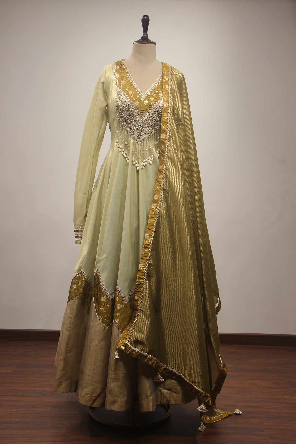 Pista Green Tissue Floor-Length Gown with Mirror & Bead Handwork