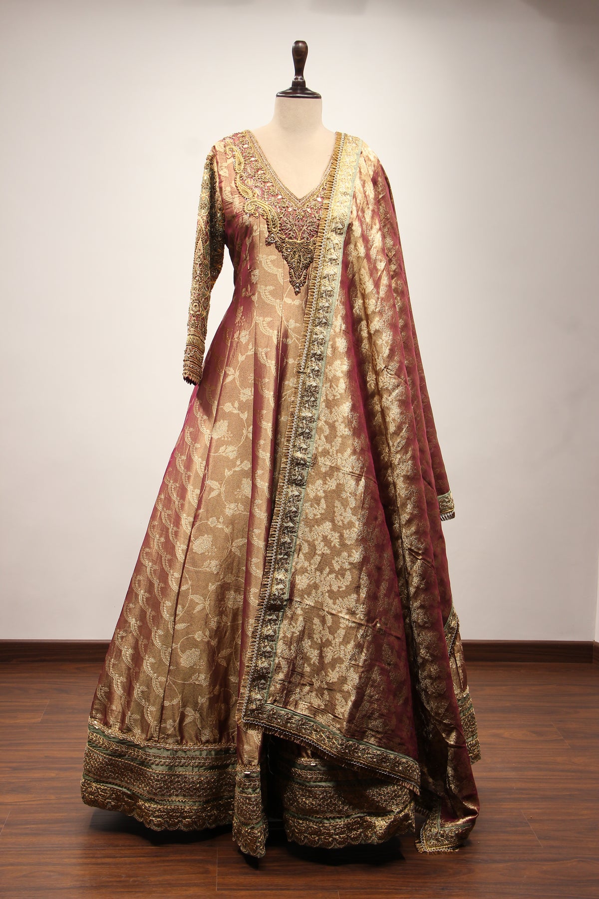 Maroon Banarasi Brocade Anarkali Gown, Hand Embroidery & Zari Handwork – front view