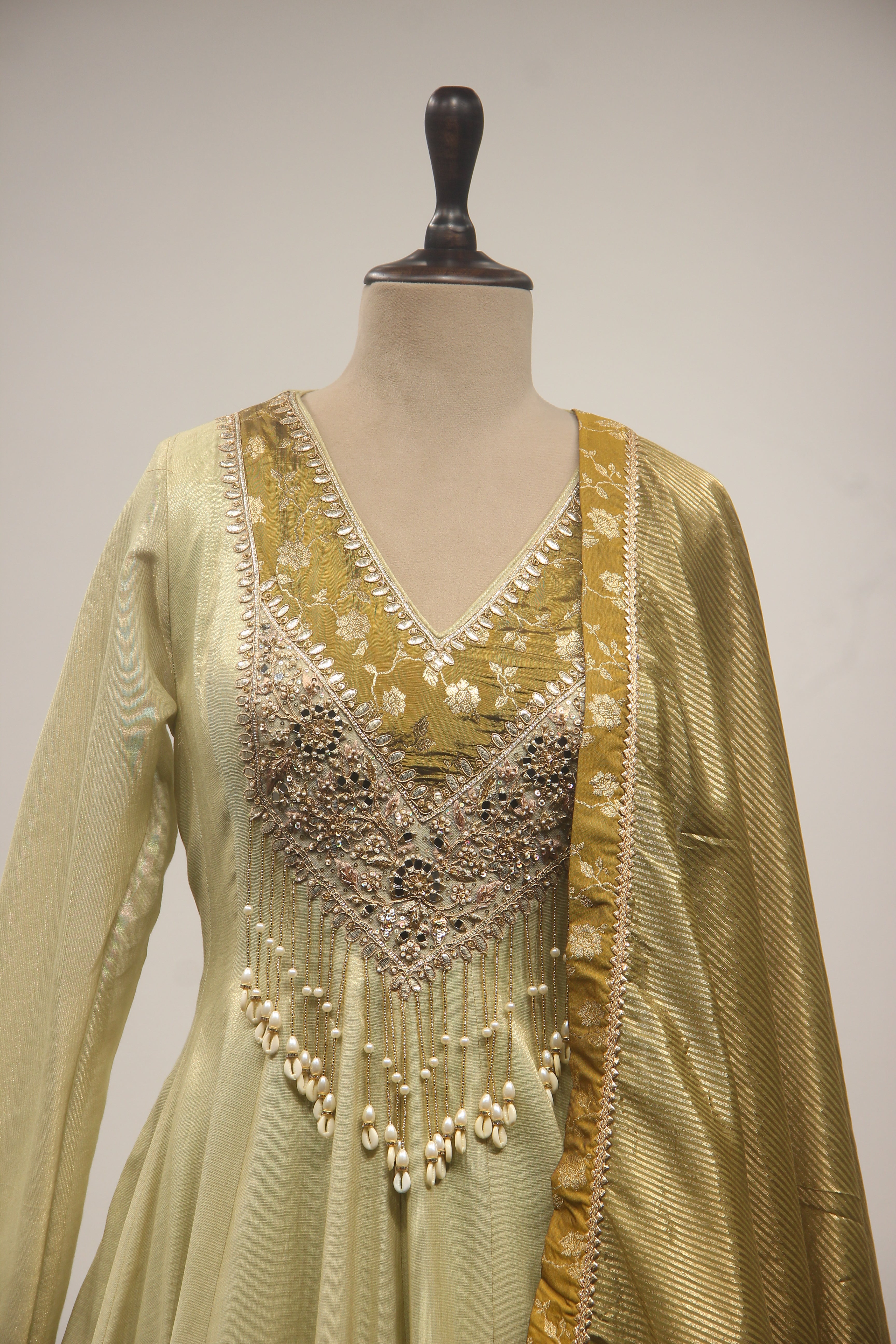 Pista Green Tissue Floor-Length Gown with Mirror & Bead Handwork