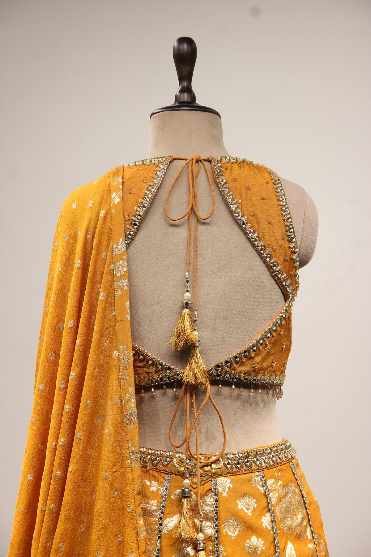 Mustard Banarasi Brocade Lehenga with Mirror & Zari Handwork