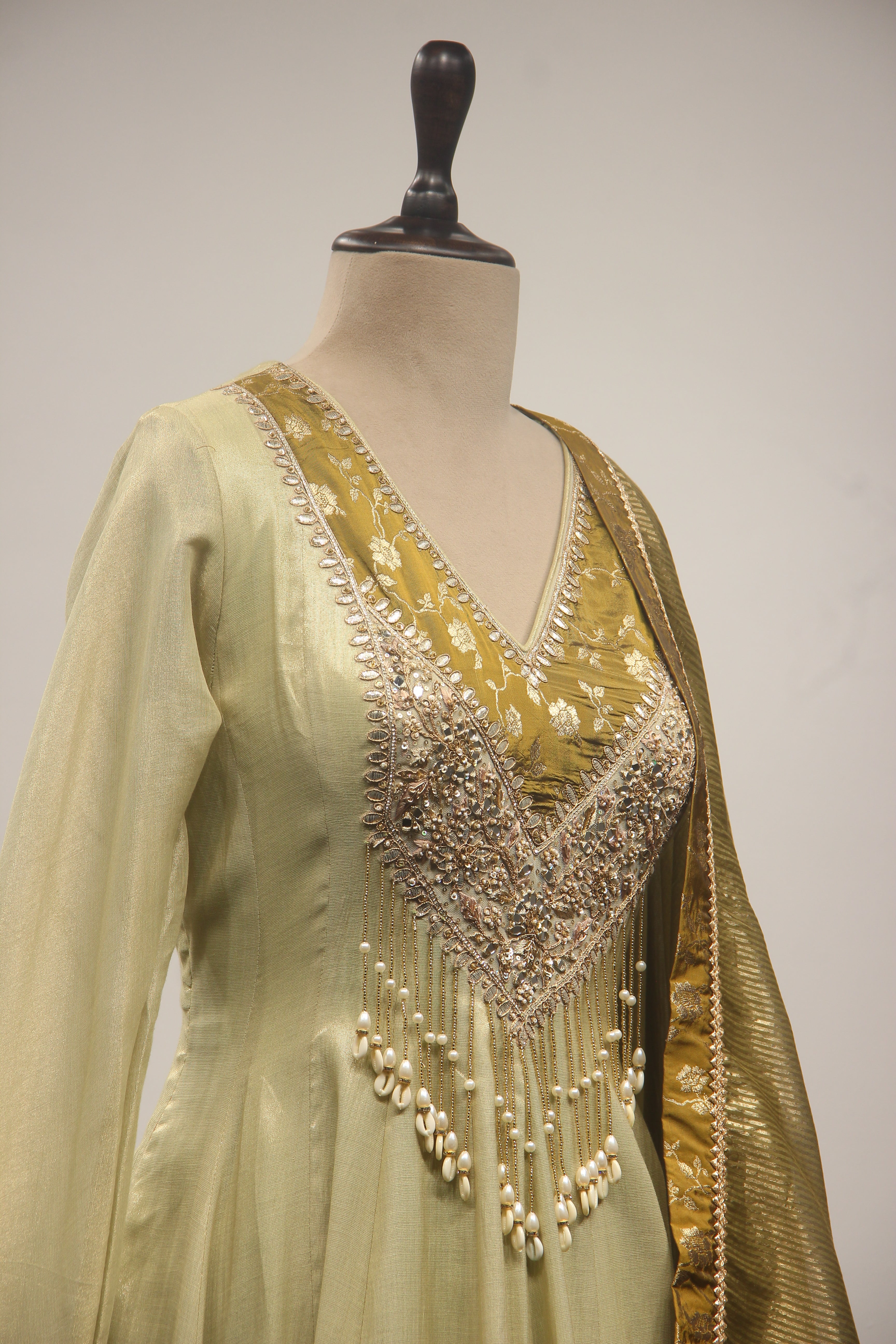 Pista Green Tissue Floor-Length Gown with Mirror & Bead Handwork
