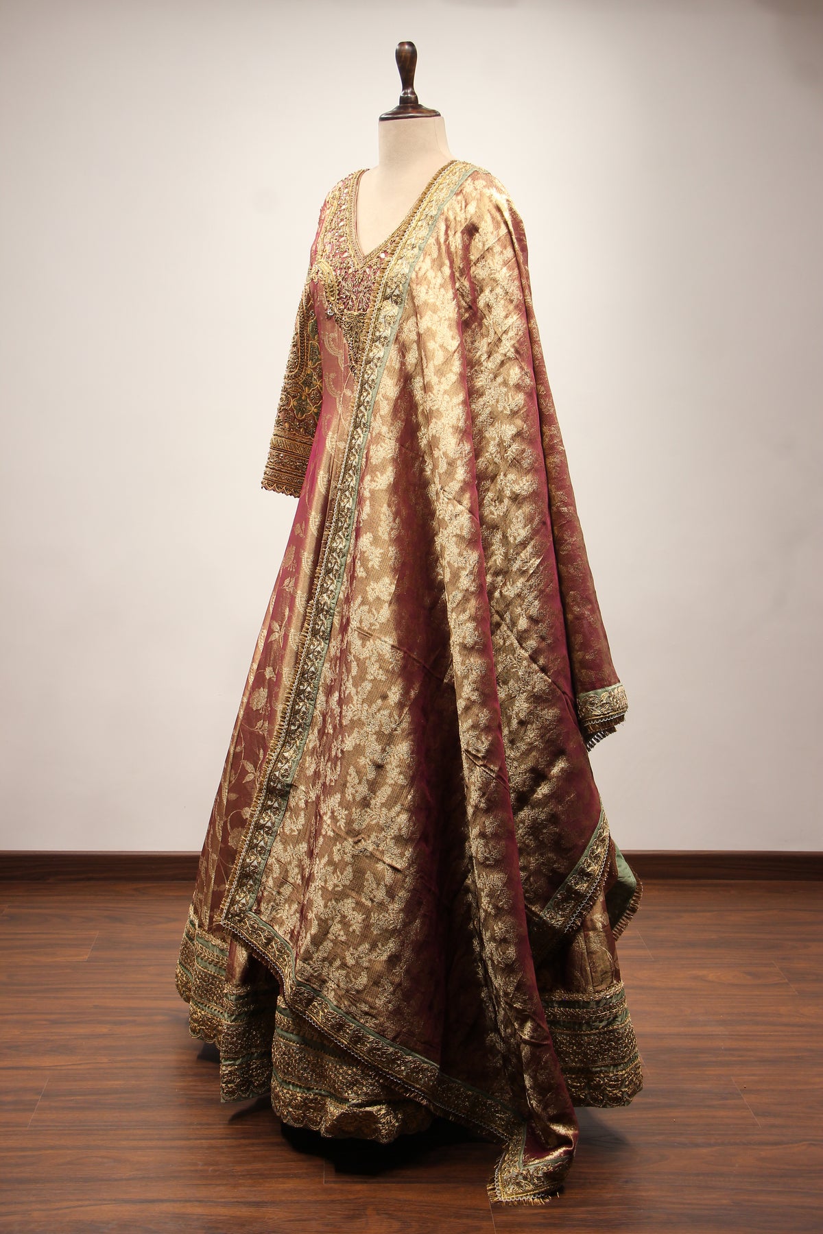 Maroon Banarasi Brocade Anarkali Gown, Hand Embroidery & Zari Handwork – side view