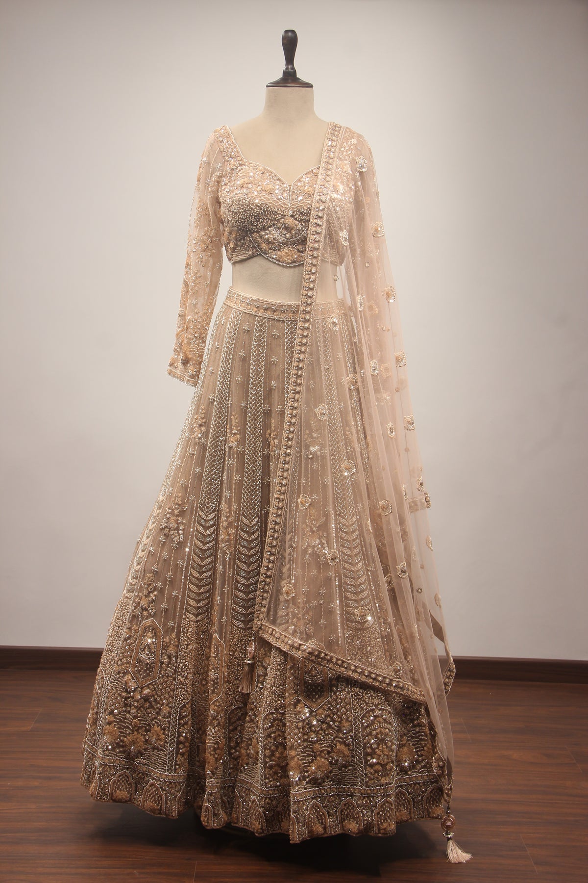 Beige Net Lehenga with Full-Sleeve Blouse, Cut Dana & Sequin Handwork