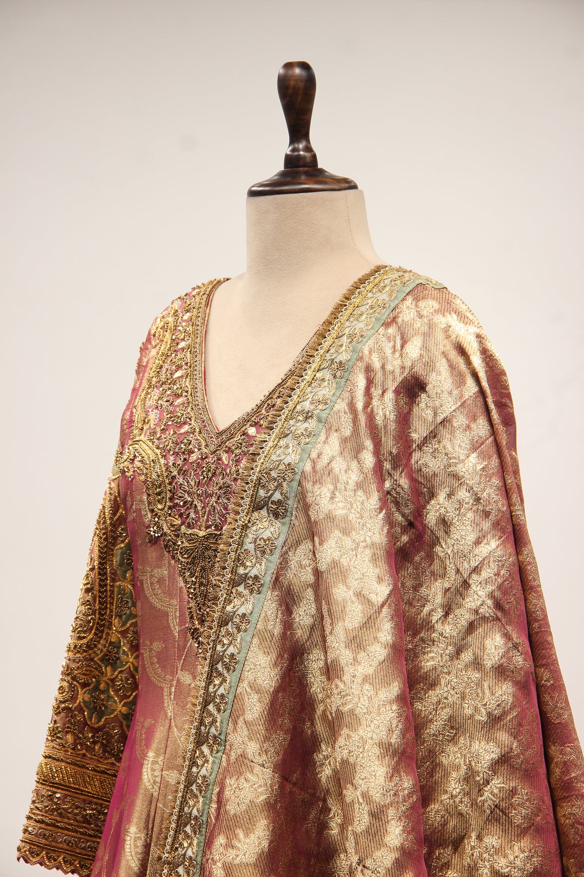Maroon Banarasi Brocade Anarkali Gown, Hand Embroidery & Zari Handwork – side close-up