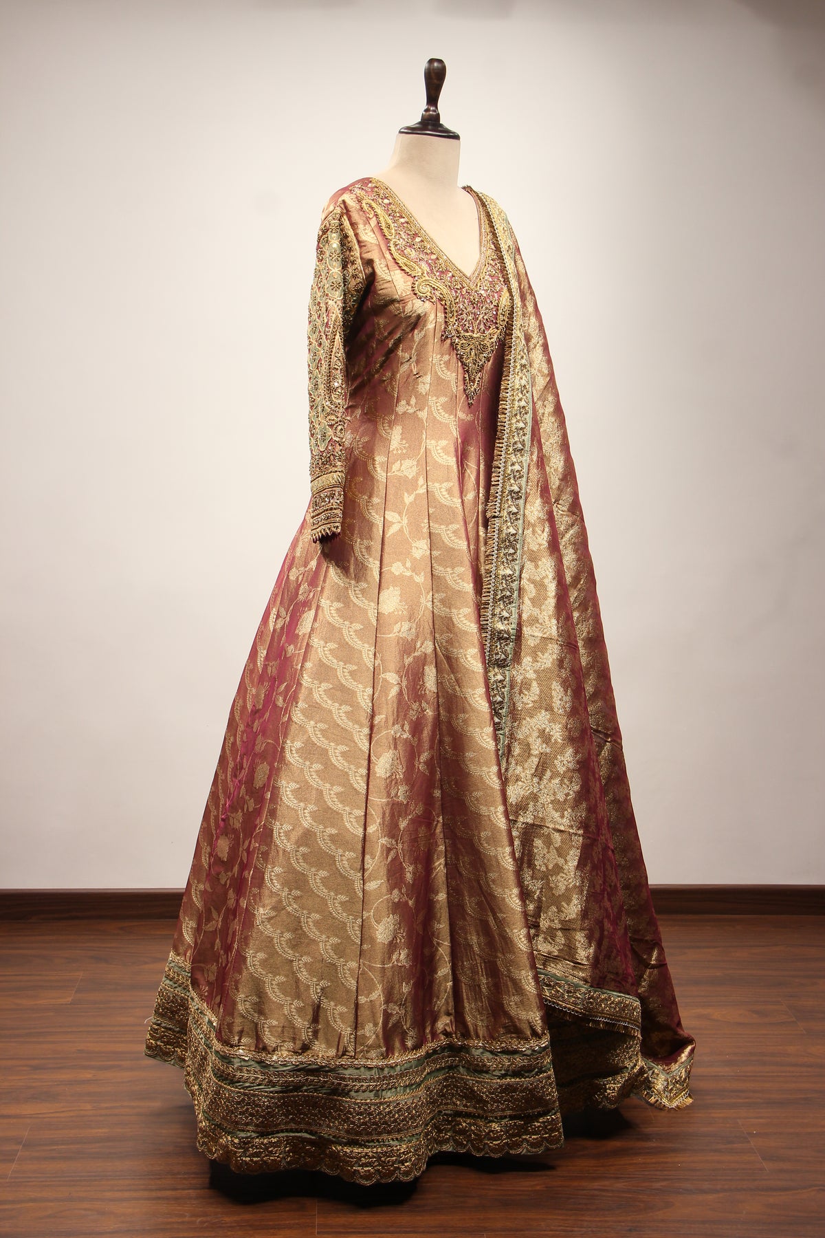 Maroon Banarasi Brocade Anarkali Gown, Hand Embroidery & Zari Handwork – other side view