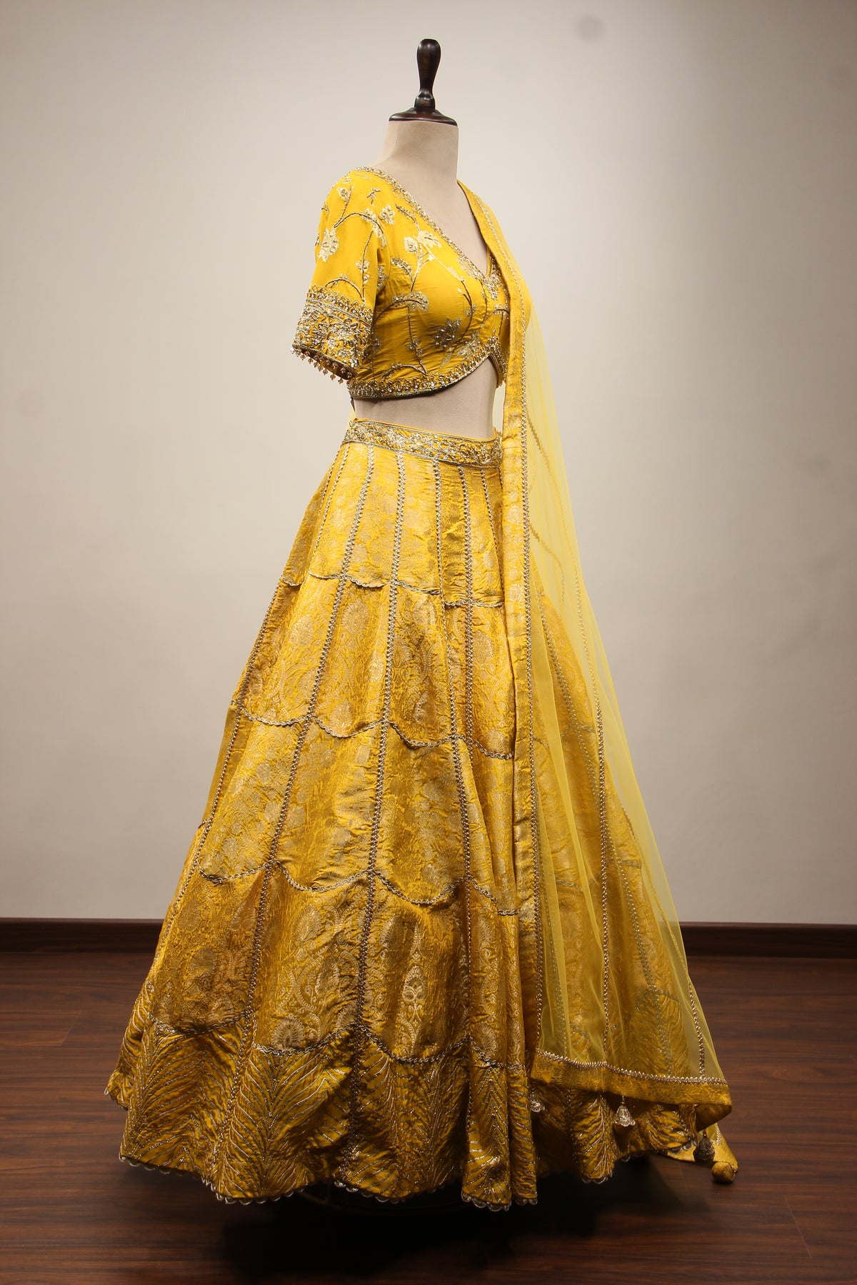 Banarasi Brocade Lehenga with Zari & Zardozi Handwork Crop Top