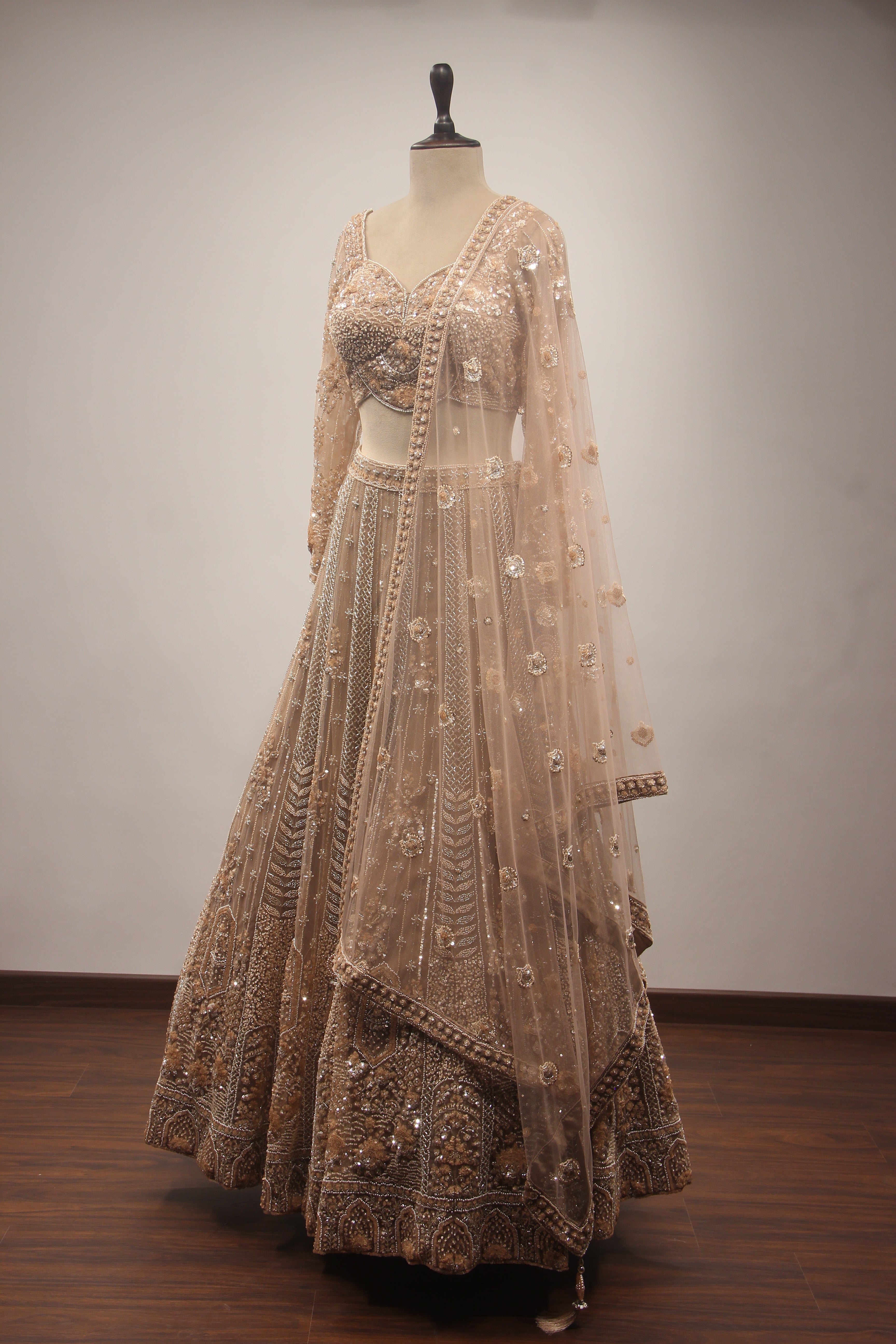 Beige Net Lehenga with Full-Sleeve Blouse, Cut Dana & Sequin Handwork