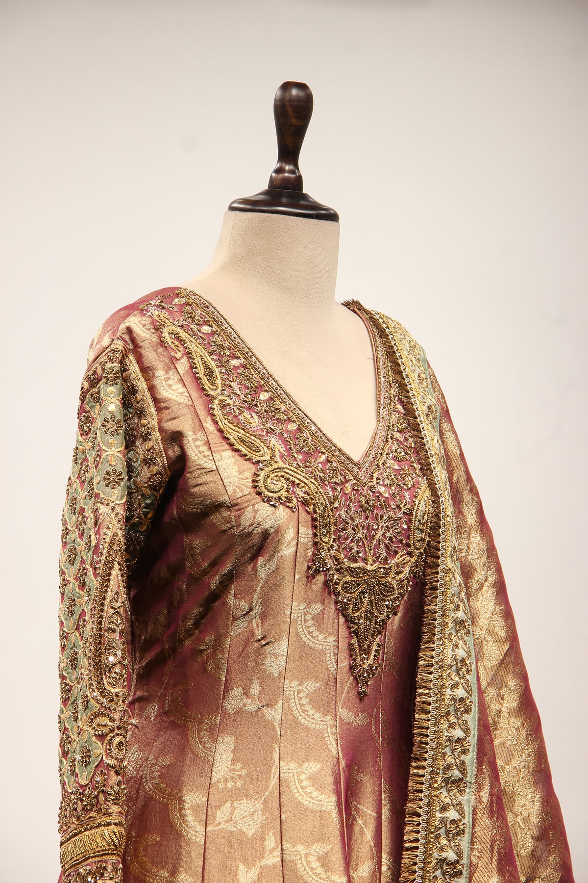 Maroon Banarasi Brocade Anarkali Gown, Hand Embroidery & Zari Handwork – other side close-up