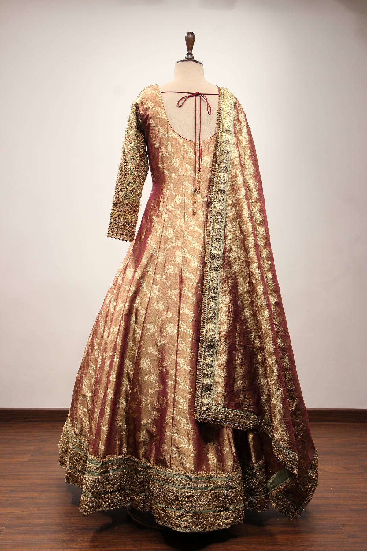 Maroon Banarasi Brocade Anarkali Gown, Hand Embroidery & Zari Handwork – back view