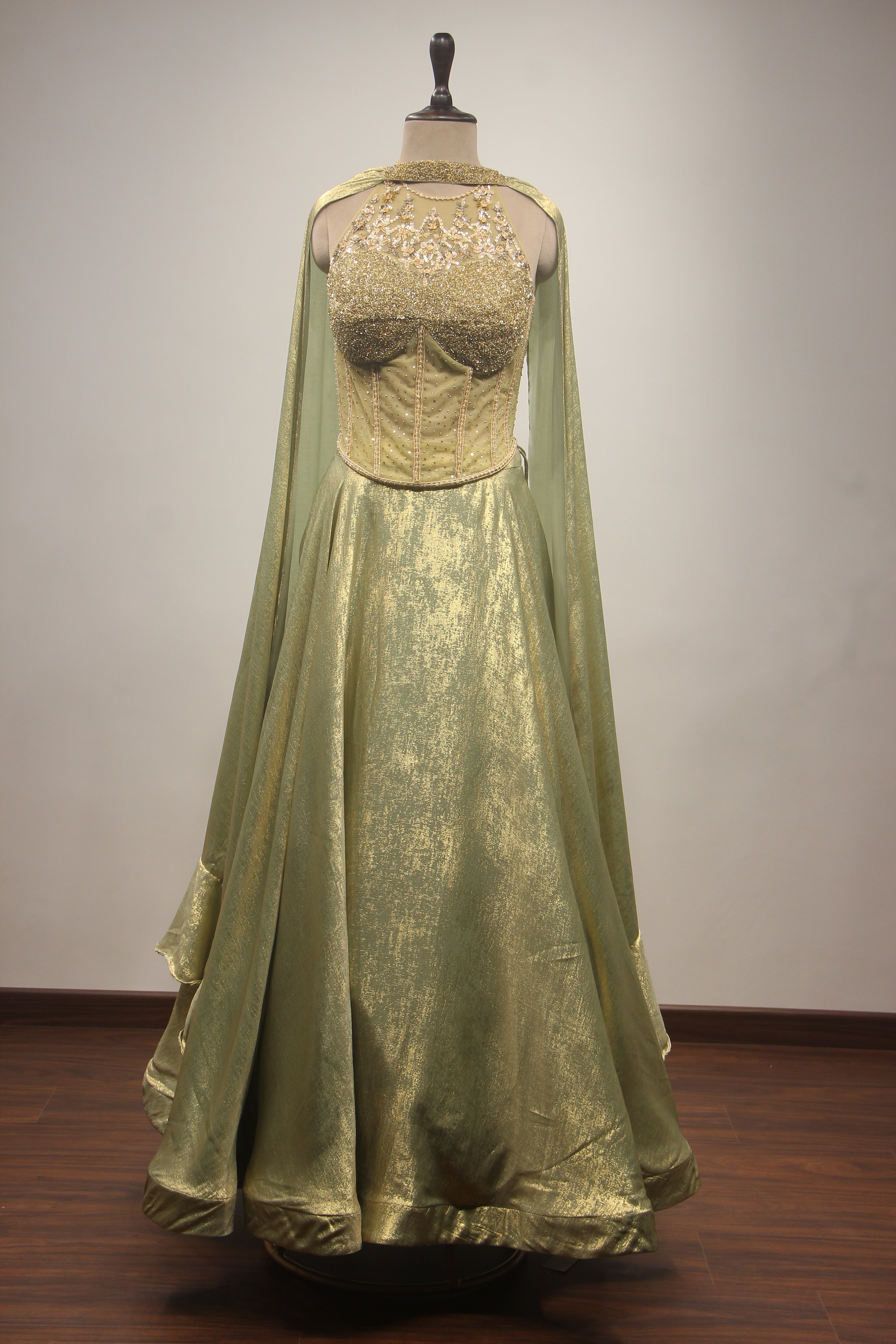 Simmer Lehenga with Halter Corset Blouse & Cut Dana Handwork