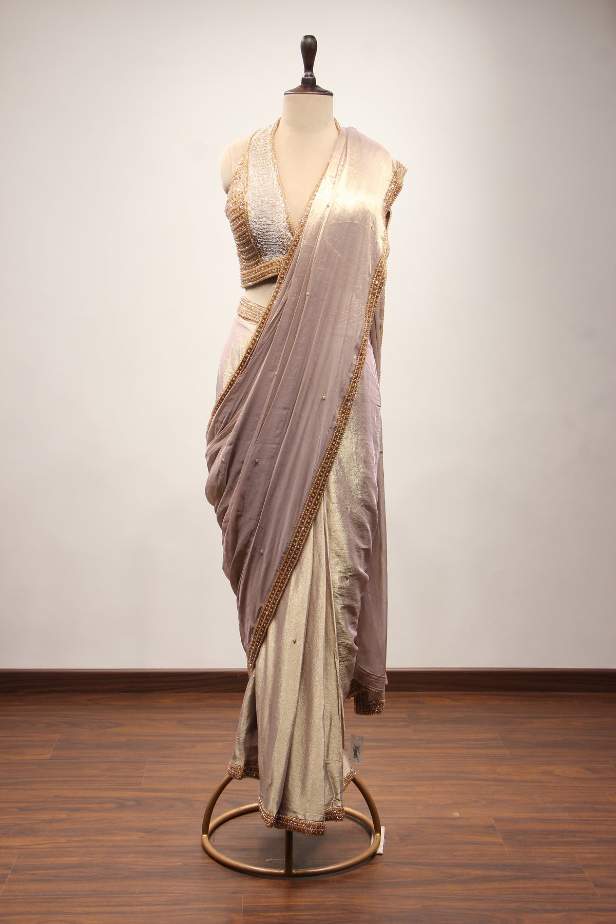 Gold Shimmer Tissue Halter Drape Saree with Cut Dana & Bead Handwork – front view