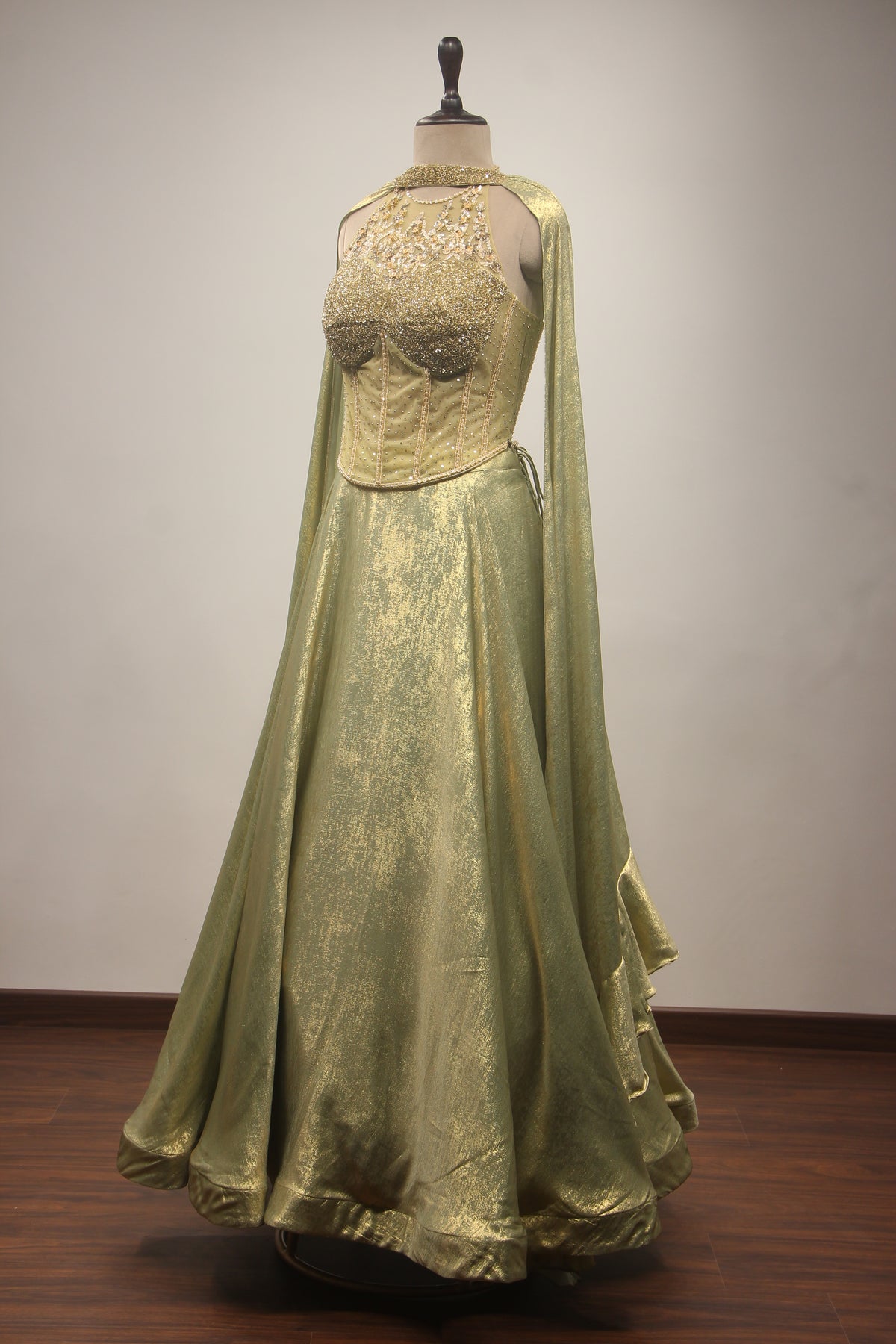 Simmer Lehenga with Halter Corset Blouse & Cut Dana Handwork
