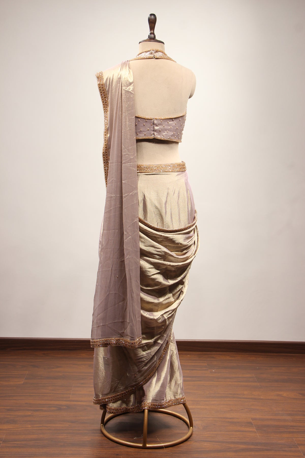 Gold Shimmer Tissue Halter Drape Saree with Cut Dana & Bead Handwork – back view
