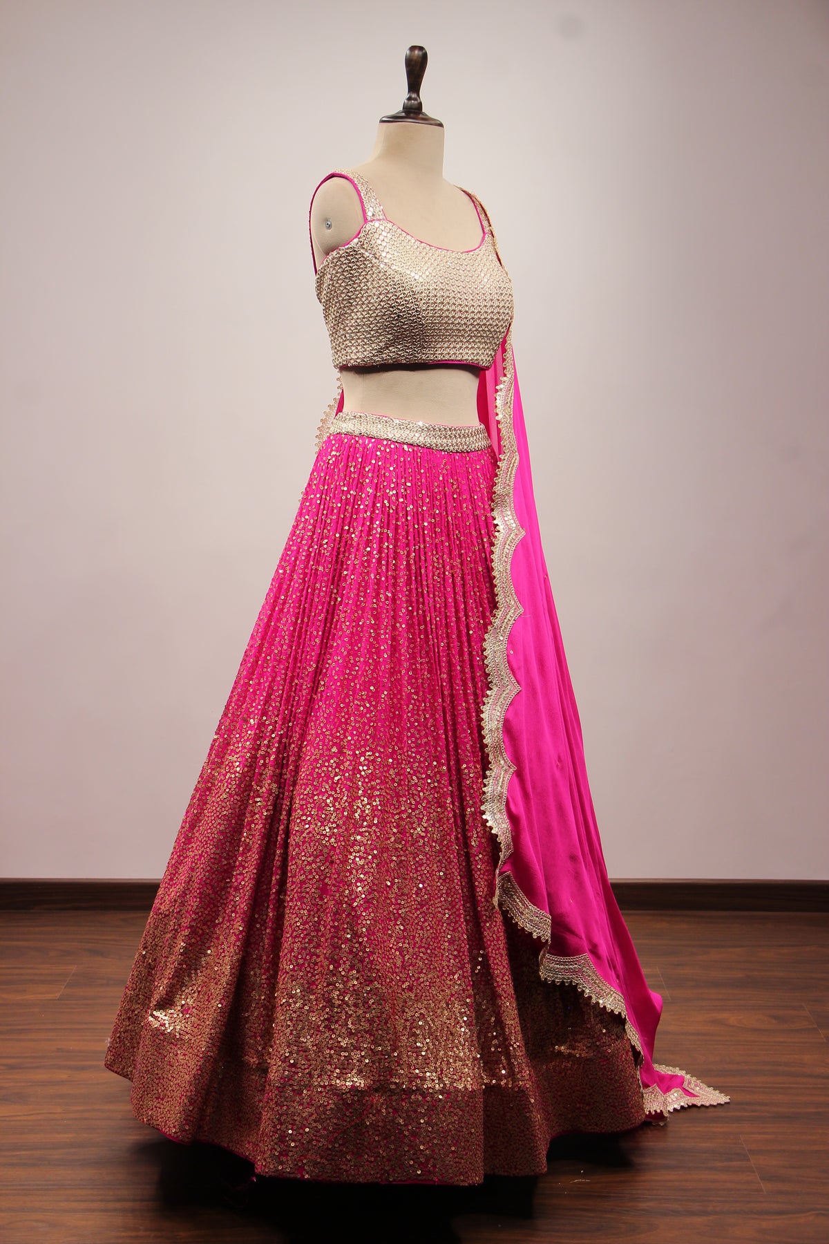Rani Georgette Lehenga with Sequin & Zari Handwork Crop Top