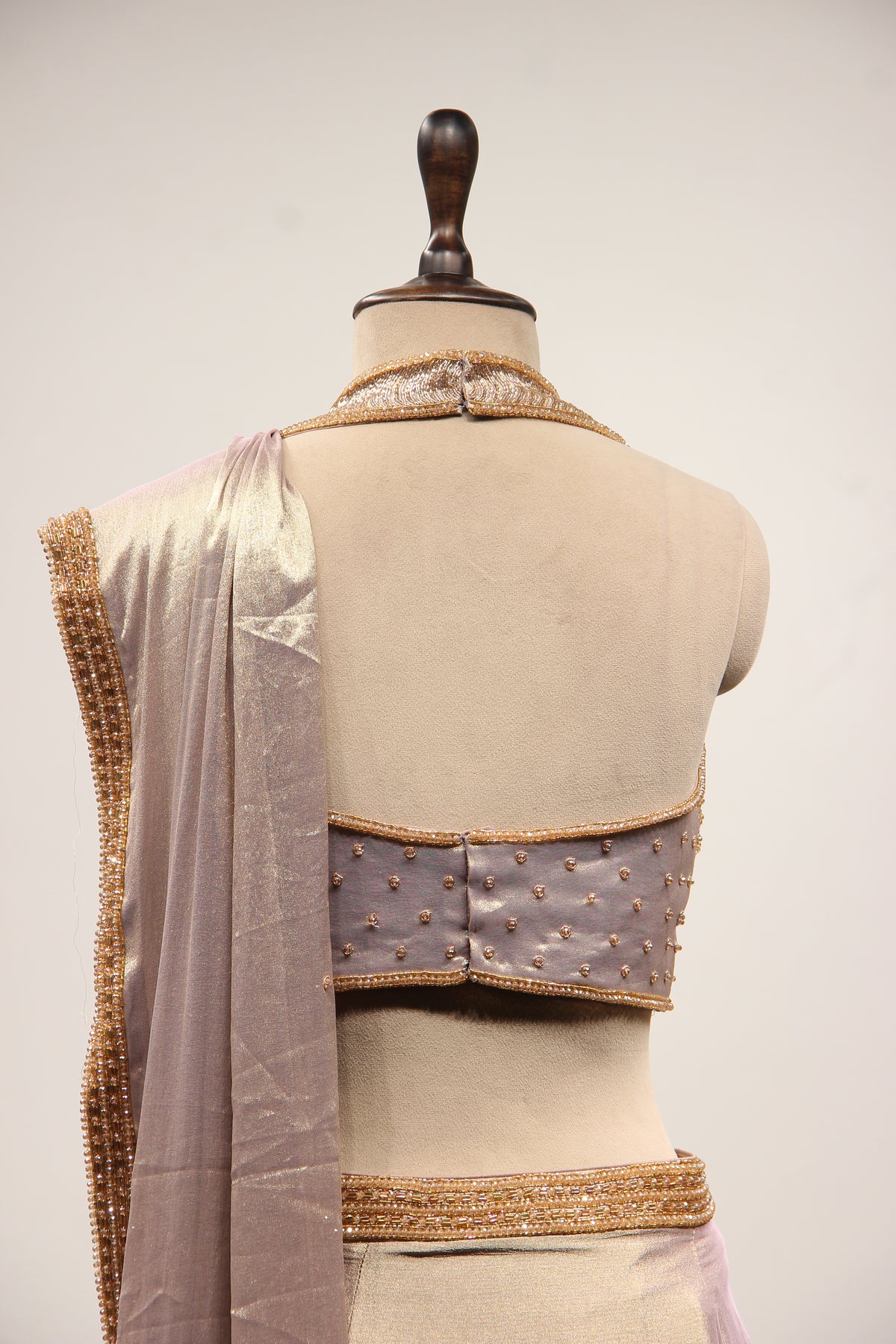 Gold Shimmer Tissue Halter Drape Saree with Cut Dana & Bead Handwork – back close-up