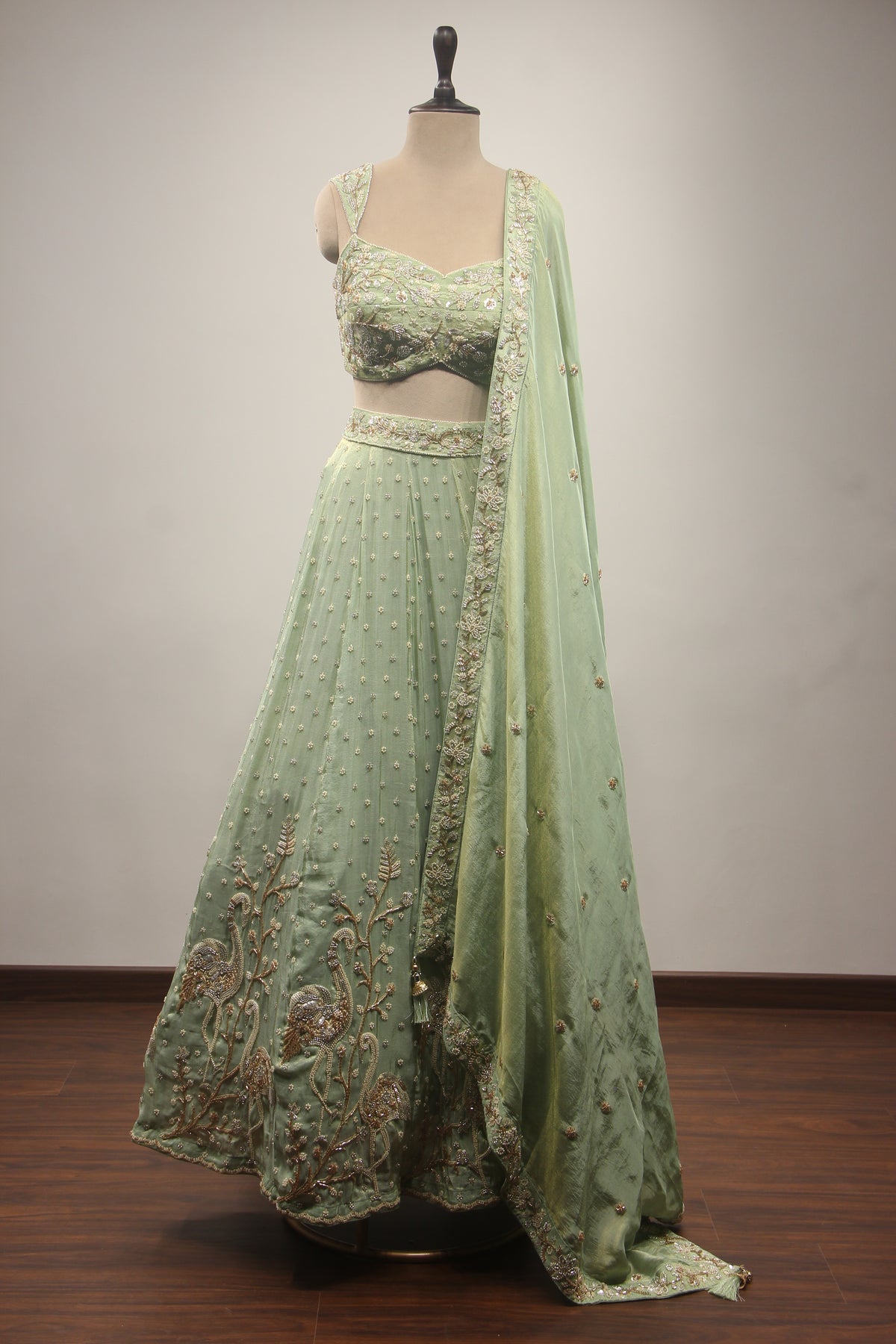 Pista Green Tissue Lehenga with Cut Dana & Bead Handwork Crop Top