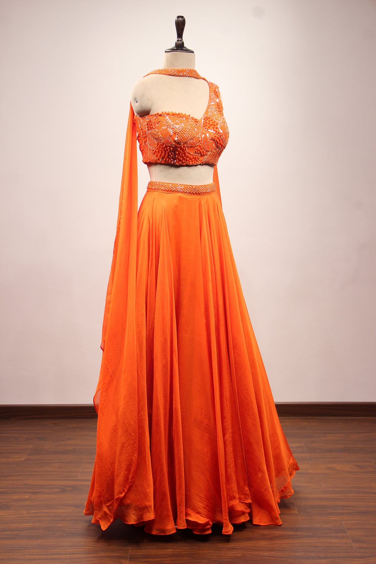 Organza Lehenga with Bead & Sequin Handwork Crop Top