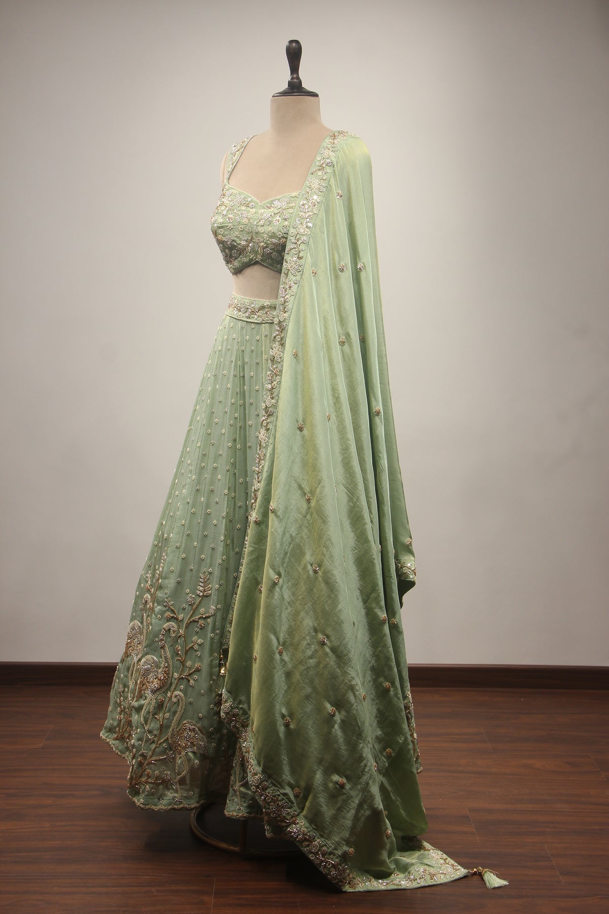 Pista Green Tissue Lehenga with Cut Dana & Bead Handwork Crop Top