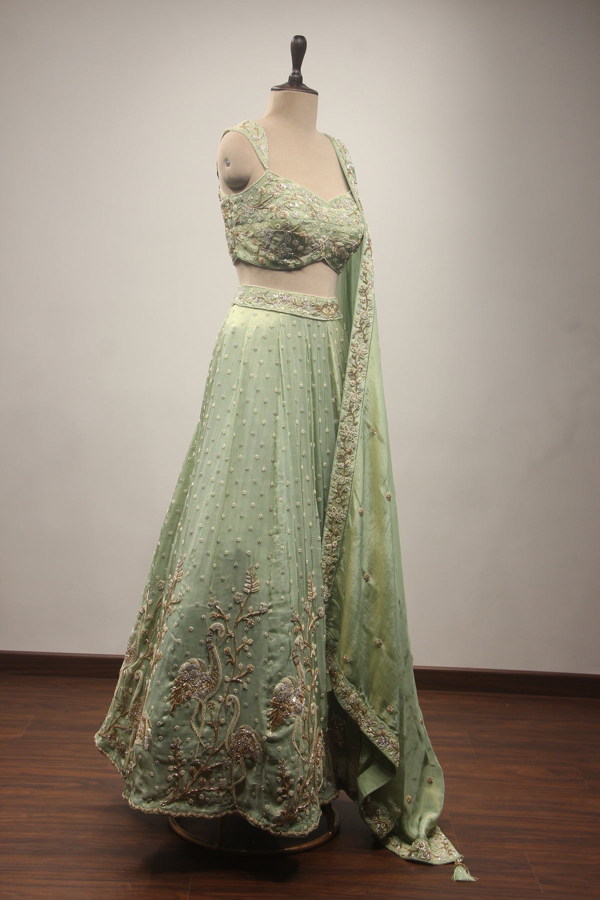 Pista Green Tissue Lehenga with Cut Dana & Bead Handwork Crop Top