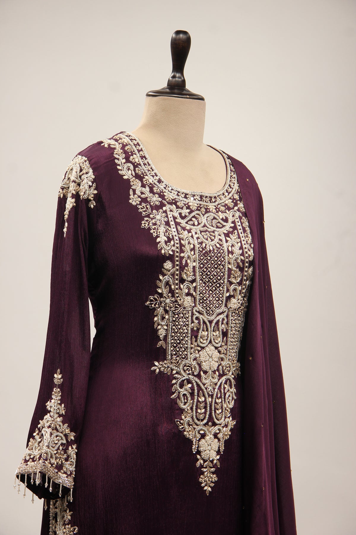 Crepe Sharara with Cut Dana & Bead Handwork, Full Sleeves