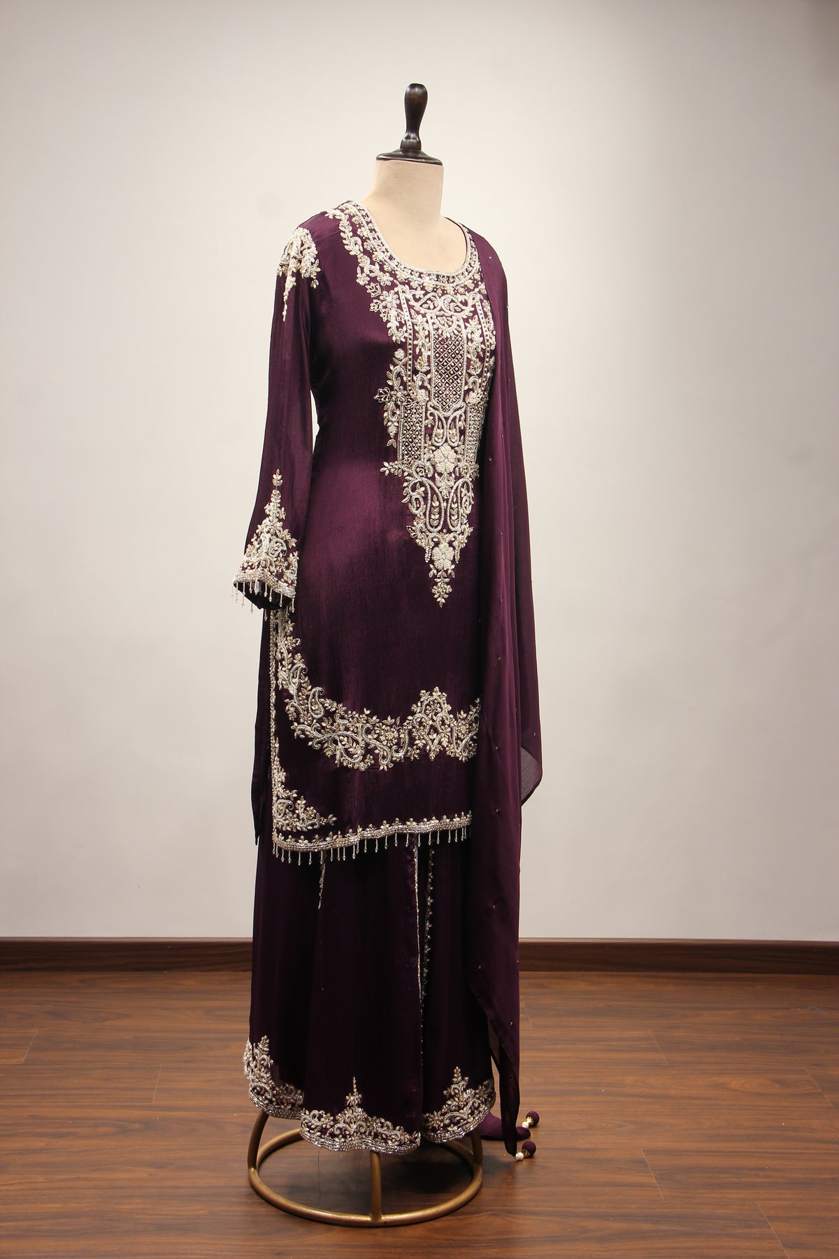 Crepe Sharara with Cut Dana & Bead Handwork, Full Sleeves