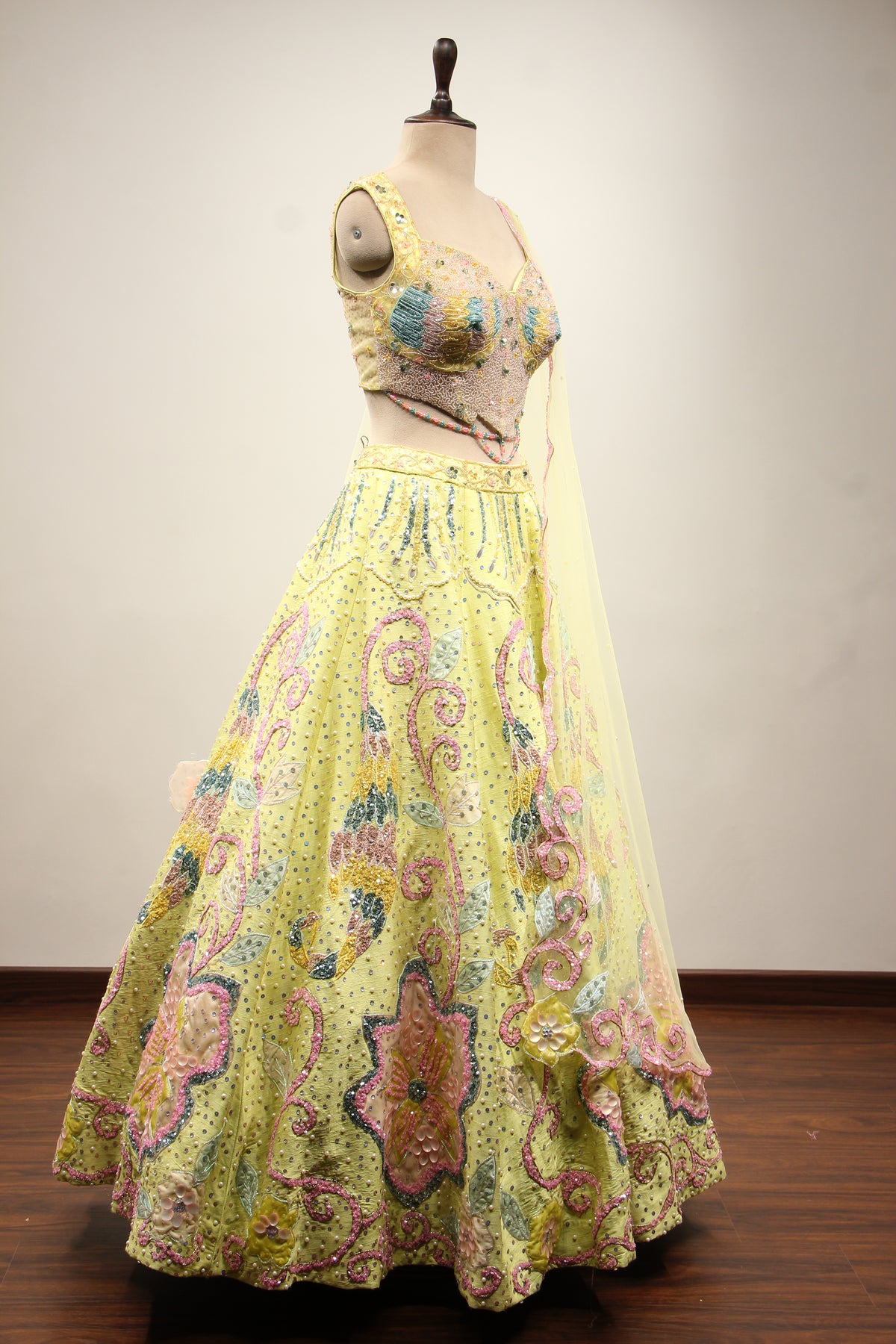 Pista Green Dupion Lehenga with Mirror & Cut Dana Handwork Net Corset – other side view